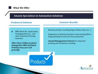 What We Offer
Runtime product counting (bags, bottles, boxes etc…)
Integration of Industrial printers with existing ERP to
bring automation and error free production
Annual Management Contract for Industrial
printing and Production counting
Amazin Specializes in Automation Solutions
■ MRP, Batch No., Expiry Date,
Packaging Date etc… and
other Industrial Printing
Solutions
(More than 4 billion products
managed for MRP and Batch
Printing every year and
growing)
Products & Solutions Customer Benefits
 