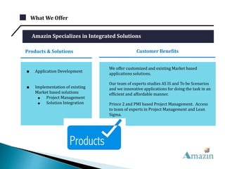 What We Offer
We offer customized and existing Market based
applications solutions.
Our team of experts studies AS IS and To be Scenarios
and we innovative applications for doing the task in an
efficient and affordable manner.
Prince 2 and PMI based Project Management. Access
to team of experts in Project Management and Lean
Sigma.
Amazin Specializes in Integrated Solutions
■ Application Development
■ Implementation of existing
Market based solutions
■ Project Management
■ Solution Integration
Products & Solutions Customer Benefits
 