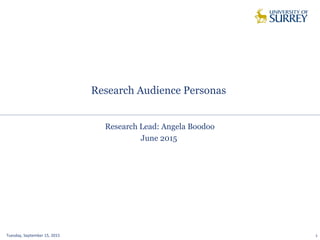 Research Audience Personas
Tuesday, September 15, 2015 1
Research Lead: Angela Boodoo
June 2015
 