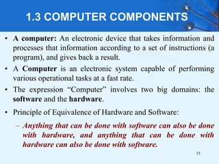 1.3 COMPUTER COMPONENTS
• A computer: An electronic device that takes information and
processes that information according to a set of instructions (a
program), and gives back a result.
• A Computer is an electronic system capable of performing
various operational tasks at a fast rate.
• The expression “Computer” involves two big domains: the
software and the hardware.
• Principle of Equivalence of Hardware and Software:
– Anything that can be done with software can also be done
with hardware, and anything that can be done with
hardware can also be done with software.
15
 