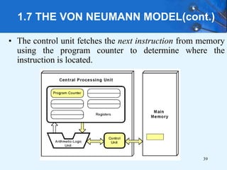 1.7 THE VON NEUMANN MODEL(cont.)
• The control unit fetches the next instruction from memory
using the program counter to determine where the
instruction is located.
39
 