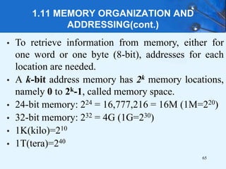 1.11 MEMORY ORGANIZATION AND
ADDRESSING(cont.)
• To retrieve information from memory, either for
one word or one byte (8-bit), addresses for each
location are needed.
• A k-bit address memory has 2k memory locations,
namely 0 to 2k-1, called memory space.
• 24-bit memory: 224 = 16,777,216 = 16M (1M=220)
• 32-bit memory: 232 = 4G (1G=230)
• 1K(kilo)=210
• 1T(tera)=240
65
 