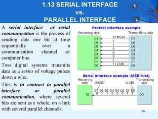 A serial interface or serial
communication is the process of
sending data one bit at time
sequentially over a
communication channel or
computer bus.
Two digital systems transmits
data as a series of voltage pulses
down a wire.
This is in contrast to parallel
interface or parallel
communication, where several
bits are sent as a whole, on a link
with several parallel channels. 70
1.13 SERIAL INTERFACE
vs.
PARALLEL INTERFACE
 