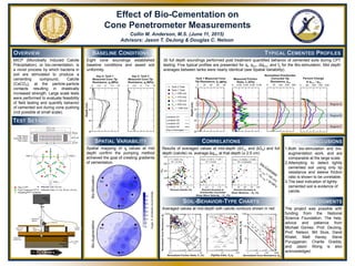 Effect of Bio-Cementation on
Cone Penetrometer Measurements
Collin M. Anderson, M.S. (June 11, 2015)
Advisors: Jason T. DeJong & Douglas C. Nelson
1.Both bio-stimulation and bio-
augmentation work, and are
comparable at the large scale.
2.Attempting to detect lightly
cemented soil using only tip
resistance and sleeve friction
ratio is shown to be unreliable.
3.The best indication of lightly
cemented soil is evidence of
calcite.
The project was possible with
funding from the National
Science Foundation. The help,
advice and patience from
Michael Gomez, Prof. DeJong,
Prof. Nelson, Bill Sluis, Daret
Khalet, Matt Havey, Steve
Purugganan, Charlie Graddy,
and Jason Wong is also
acknowledged.
MICP (Microbially Induced Calcite
Precipitation), or bio-cementation, is
a novel process by which bacteria in
soil are stimulated to produce a
cementing compound, Calcite
(CaCO3), at the particle-particle
contacts resulting in drastically
increased strength. Large scale tests
were performed to evaluate feasibility
of field testing and quantify behavior
of cemented soil during cone pushing
(not possible at small scale).
Eight cone soundings established
baseline conditions and assed soil
uniformity.
Spatial mapping of qt values at mid
depth confirm the pumping method
achieved the goal of creating gradients
of cementation.
Results of averaged values at mid-depth (ΔVs1 and ΔGo) and full
depth (calcite) vs. average Δqt1n at that depth (± 2.5 cm)
30 full depth soundings performed post treatment quantified behavior of cemented soils during CPT
testing. Five typical profiles are presented for qt, qt1n. Δqt1n, and fs for the Bio-stimulation. Mid depth
averages between tanks were nearly identical (see Spatial Variability).
Averaged values at mid-depth with calcite contours shown in red
Region B
Region A
Region C
Yolo
Loam
Top Cap
Concrete
Sand
String Pot
To DAQ
System
Steel Cross
Beams
Mini-
Cone
Smooth
Sleeve
Waterproof
Rubber Liner
2,000 lbs.
Load
Thin, Plastic
Liner
Bio-StimulationBio-Augmentation
3%
5%
1%
3%
5%
1%
Measuredtipresistance,qt(MPa)
W1
W2W3
W1
W2W3
 