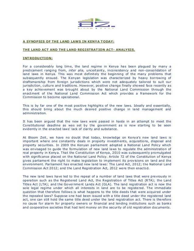 Synopsis of the Land Laws in Kenya