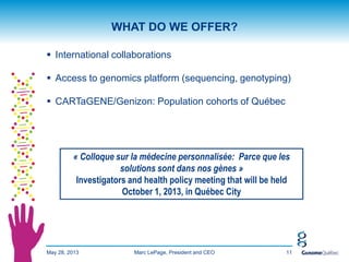 May 28, 2013 11
WHAT DO WE OFFER?
 International collaborations
 Access to genomics platform (sequencing, genotyping)
 CARTaGENE/Genizon: Population cohorts of Québec
« Colloque sur la médecine personnalisée: Parce que les
solutions sont dans nos gènes »
Investigators and health policy meeting that will be held
October 1, 2013, in Québec City
Marc LePage, President and CEO
 