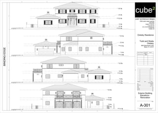 Level 1
0' - 0"
Level 2
10' - 8"
Foyer
1' - 6"
T.O.Beam
19' - 0"
Garage Roof
8' - 6"
Garage Floor
-1' - 0"
Level 1
0' - 0"
Level 2
10' - 8"
Foyer
1' - 6"
T.O.Beam
19' - 0"
Garage Roof
8' - 6"
Garage Floor
-1' - 0"
Level 1
0' - 0"
Level 2
10' - 8"
Foyer
1' - 6"
T.O.Beam
19' - 0"
Garage Roof
8' - 6"
Garage Floor
-1' - 0"
Level 1
0' - 0"
Level 2
10' - 8"
Foyer
1' - 6"
T.O.Beam
19' - 0"
Garage Roof
8' - 6"
Garage Floor
-1' - 0"
cube² (architecture+design)
2700 north miami avenue
suite 804
miami, fl 33127
t: 305.586.8169
www.cube2architecture.com
aa-26001789
ib-26001134
BINDINGEDGE
Design Professional FL License
Number
Signature
Jorge Alberto Pernas
AR92904
ID5632
Revisions
Sheet Information
DateIssueNumber
Date
Job Number
Scale
Drawn
Checked
Approved
Title
Sheet
© Copyright 2012 cube² (architecture+design)
12345
12345
A
B
C
A
B
C
D
1/4" = 1'-0"
Oretsky Residence
Todd and Sheila
Oretsky
665 Buttonwood Lane
Miami, FL 33137
2013_01
SM
JAP
JAP
03/20/2013
A-301
Exterior Building
Elevations -
Renovation
1/4" = 1'-0"
D5
Renovated Exterior Elevation - South
1/4" = 1'-0"
C5
Renovated Exterior Elevation - East
1/4" = 1'-0"
B5
Renovated Exterior Elevation - West
1/4" = 1'-0"
A5
Renovated Exterior Elevation - North
 