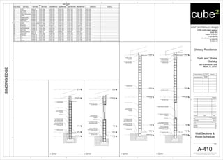 Level 1
0' - 0"
Level 2
10' - 8"
Foyer
1' - 6"
T.O.Beam
19' - 0"
Garage Roof
8' - 6"
Garage Floor
-1' - 0"
C.I.P. CONCRETE SLAB WITH
VAPOR BARRIER ON PRE
CAST CONCRETE GRADE
BEAMS, SEE STRUCTURAL
CLEAN FILL COMPACTED
TO 95% MODIFIED PROCTOR
PER ASTM D1557. FILL TO BE
POISON TREATED.
C.I.P CONCRETE FOOTING
SEE STRUCTURAL
C.I.P. CONCRETE BEAM,
SEE STRUCTURAL
8" CMU WALL
5/8" GYPSUM WALL
BOARD ON 7/8" METAL
FURRING HAT
CHANNELS
5/8" CEMENT PLASTER
C.I.P. CONCRETE BEAM,
SEE STRUCTURAL
7/8" CEMENT PLASTER
ON METAL LATH ON
3/4" PLYWOOD
SHEATHING
Level 1
0' - 0"
Level 2
10' - 8"
Foyer
1' - 6"
T.O.Beam
19' - 0"
Garage Roof
8' - 6"
Garage Floor
-1' - 0"
C.I.P. CONCRETE SLAB WITH
VAPOR BARRIER ON PRE CAST
CONCRETE GRADE BEAMS, SEE
STRUCTURAL
CLEAN FILL COMPACTED
TO 95% MODIFIED PROCTOR
PER ASTM D1557. FILL TO BE
POISON TREATED.
C.I.P. CONCRETE BEAM,
SEE STRUCTURAL
8" CMU WALL
PRECAST CONC. LINTEL
SEE STRUCTURAL
5/8" GYPSUM WALL BOARD ON
7/8" METAL FURRING HAT
CHANNELS
NEW MIAMI-DADE N.O.A. APPROVED
IMPACT RESISTANT WINDOWS
5/8" CEMENT PLASTER
7/8" CEMENT PLASTER ON
METAL LATH ON 3/4"
PLYWOOD SHEATHING
C.I.P CONCRETE FOOTING
SEE STRUCTURAL
Level 1
0' - 0"
Level 2
10' - 8"
Foyer
1' - 6"
Garage Roof
8' - 6"
Garage Floor
-1' - 0"
PRECAST CONC. LINTEL
SEE STRUCTURAL
C.I.P. CONCRETE SLAB WITH
VAPOR BARRIER ON PRE
CAST CONCRETE GRADE
BEAMS, SEE STRUCTURAL
CLEAN FILL COMPACTED
TO 95% MODIFIED PROCTOR
PER ASTM D1557. FILL TO BE
POISON TREATED.
C.I.P CONCRETE FOOTING
SEE STRUCTURAL
8" CMU WALL
5/8" GYPSUM WALL
BOARD ON 7/8" METAL
FURRING HAT
CHANNELS
5/8" CEMENT PLASTER
Level 1
0' - 0"
Level 2
10' - 8"
Foyer
1' - 6"
Garage Roof
8' - 6"
Garage Floor
-1' - 0"
C.I.P. CONCRETE BEAM,
SEE STRUCTURAL
C.I.P. CONCRETE SLAB WITH
VAPOR BARRIER ON PRE
CAST CONCRETE GRADE
BEAMS, SEE STRUCTURAL
CLEAN FILL COMPACTED
TO 95% MODIFIED PROCTOR
PER ASTM D1557. FILL TO BE
POISON TREATED.
C.I.P CONCRETE FOOTING
SEE STRUCTURAL
8" CMU WALL
5/8" GYPSUM WALL
BOARD ON 7/8" METAL
FURRING HAT
CHANNELS
5/8" CEMENT PLASTER
cube² (architecture+design)
2700 north miami avenue
suite 804
miami, fl 33127
t: 305.586.8169
www.cube2architecture.com
aa-26001789
ib-26001134
BINDINGEDGE
Design Professional FL License
Number
Signature
Jorge Alberto Pernas
AR92904
ID5632
Revisions
Sheet Information
DateIssueNumber
Date
Job Number
Scale
Drawn
Checked
Approved
Title
Sheet
© Copyright 2012 cube² (architecture+design)
12345
12345
A
B
C
A
B
C
D
3/4" = 1'-0"
Oretsky Residence
Todd and Sheila
Oretsky
665 Buttonwood Lane
Miami, FL 33137
2013_01
SM
JAP
JAP
03/20/2013
A-410
Wall Sections &
Room Schedule
3/4" = 1'-0"
A2
Wall Section
3/4" = 1'-0"
A1
Wall Section
3/4" = 1'-0"
A3
Wall Section
3/4" = 1'-0"
A4
Wall Section
Room Schedule
Room Number Room Name
Floor Walls
Ceiling Finish CommentsFloor Finish Base Finish North Wall Finish East Wall Finish South Wall Finish West Wall Finish
101 FOYER Marble Tile G.W.B - Paint G.W.B - Paint G.W.B - Paint G.W.B - Paint G.W.B - Paint G.W.B - Paint
102 LIVING ROOM Porcelain Tile G.W.B - Paint G.W.B - Paint G.W.B - Paint G.W.B - Paint G.W.B - Paint G.W.B - Paint
103 DEN / OFFICE Porcelain Tile G.W.B - Paint G.W.B - Paint G.W.B - Paint G.W.B - Paint G.W.B - Paint G.W.B - Paint
104 FAMILY ROOM Porcelain Tile G.W.B - Paint G.W.B - Paint G.W.B - Paint G.W.B - Paint G.W.B - Paint G.W.B - Paint
105 FORMAL DINING ROOM Porcelain Tile G.W.B - Paint G.W.B - Paint G.W.B - Paint G.W.B - Paint G.W.B - Paint G.W.B - Paint
106 KITCHEN Porcelain Tile G.W.B - Paint G.W.B - Paint G.W.B - Paint G.W.B - Paint G.W.B - Paint G.W.B - Paint
107 A/C Porcelain Tile G.W.B - Paint G.W.B - Paint G.W.B - Paint G.W.B - Paint G.W.B - Paint G.W.B - Paint
108 LAUNDRY/PANTRY Porcelain Tile G.W.B - Paint G.W.B - Paint G.W.B - Paint G.W.B - Paint G.W.B - Paint G.W.B - Paint
109 POWDER ROOM Porcelain Tile G.W.B - Paint G.W.B - Paint G.W.B - Paint G.W.B - Paint G.W.B - Paint G.W.B - Paint
110 MAID'S ROOM Porcelain Tile G.W.B - Paint G.W.B - Paint G.W.B - Paint G.W.B - Paint G.W.B - Paint G.W.B - Paint
111 MAID'S BATHROOM Porcelain Tile G.W.B - Paint G.W.B - Paint G.W.B - Paint G.W.B - Paint G.W.B - Paint G.W.B - Paint
112 GARAGE Concrete - Stained G.W.B - Paint G.W.B - Paint G.W.B - Paint G.W.B - Paint G.W.B - Paint G.W.B - Paint
201 BEDROOM 1 Porcelain Tile G.W.B - Paint G.W.B - Paint G.W.B - Paint G.W.B - Paint G.W.B - Paint G.W.B - Paint
202 BATHROOM 1 Porcelain Tile Porcelain Tile Porcelain Tile Porcelain Tile G.W.B - Paint Porcelain Tile G.W.B - Paint
203 BEDROOM 2 Porcelain Tile G.W.B - Paint G.W.B - Paint G.W.B - Paint G.W.B - Paint G.W.B - Paint G.W.B - Paint
204 MASTER BEDROOM Porcelain Tile G.W.B - Paint G.W.B - Paint G.W.B - Paint G.W.B - Paint G.W.B - Paint G.W.B - Paint
205 HIS CLOSET Porcelain Tile G.W.B - Paint G.W.B - Paint G.W.B - Paint G.W.B - Paint G.W.B - Paint G.W.B - Paint
206 HER CLOSET Porcelain Tile G.W.B - Paint G.W.B - Paint G.W.B - Paint G.W.B - Paint G.W.B - Paint G.W.B - Paint
207 MASTER BATHROOM Marble Tile Marble Tile Marble Tile Marble Tile Marble Tile Marble Tile G.W.B - Paint
208 TOILET ROOM Marble Tile G.W.B - Paint G.W.B - Paint G.W.B - Paint G.W.B - Paint G.W.B - Paint G.W.B - Paint
209 BEDROOM 3 Porcelain Tile G.W.B - Paint G.W.B - Paint G.W.B - Paint G.W.B - Paint G.W.B - Paint G.W.B - Paint
210 BATHROOM 2 Porcelain Tile Porcelain Tile Porcelain Tile Porcelain Tile Porcelain Tile Porcelain Tile G.W.B - Paint
211 W.I.C Porcelain Tile G.W.B - Paint G.W.B - Paint G.W.B - Paint G.W.B - Paint G.W.B - Paint G.W.B - Paint
212 W.I.C Porcelain Tile G.W.B - Paint G.W.B - Paint G.W.B - Paint G.W.B - Paint G.W.B - Paint G.W.B - Paint
213 L.C Porcelain Tile G.W.B - Paint G.W.B - Paint G.W.B - Paint G.W.B - Paint G.W.B - Paint G.W.B - Paint
214 HALLWAY Porcelain Tile G.W.B - Paint G.W.B - Paint G.W.B - Paint G.W.B - Paint G.W.B - Paint G.W.B - Paint
 
