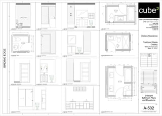 A-502
D3
D4D5
4' - 0" 2' - 10" 2' - 8 1/2"
9' - 6 1/2"
5'-0"
10" 1' - 4" 7' - 4"
2'-3"2'-10"2"
5' - 3"
5'-3"
A-502 B5B4
5' - 5 1/2" 2' - 6"
5'-0"
4" 2' - 10" 4' - 9 1/2"
A-502
B3
C3
C4
2' - 0" 6" 2' - 10" 3 1/2" 2' - 6"
2' - 0" 6" 2' - 10" 9 1/2" 2' - 0"
1'-8"2'-6"5"5'-0"
9'-7"
8' - 1 1/2"
A-502 A5A3
cube² (architecture+design)
2700 north miami avenue
suite 804
miami, fl 33127
t: 305.586.8169
www.cube2architecture.com
aa-26001789
ib-26001134
BINDINGEDGE
Design Professional FL License
Number
Signature
Jorge Alberto Pernas
AR92904
ID5632
Revisions
Sheet Information
DateIssueNumber
Date
Job Number
Scale
Drawn
Checked
Approved
Title
Sheet
© Copyright 2012 cube² (architecture+design)
12345
12345
A
B
C
A
B
C
D
3/4" = 1'-0"
Oretsky Residence
Todd and Sheila
Oretsky
665 Buttonwood Lane
Miami, FL 33137
2013_01
SM
JAP
JAP
03/20/2013
A-502
Enlarged
Bathroom Plans
and Elevations
3/4" = 1'-0"
D2
Maid Bathroom - Level 1
3/4" = 1'-0"
C5
Powder Room - Level 1
3/4" = 1'-0"
D3
Maid's Bathroom - South Elevation
3/4" = 1'-0"
D4
Maid's Bathroom - East Elevation
3/4" = 1'-0"
D5
Maid's Bathroom - West Elevation
3/4" = 1'-0"
B4
Powder Room - West Elevation
3/4" = 1'-0"
B5
Powder Room - East Elevation
3/4" = 1'-0"
C2
Enlarged Bathroom#3 Plan - Level 2
3/4" = 1'-0"
C3
Bathroom#2 - North Elevation
3/4" = 1'-0"
B3
Bathroom#2 - South Elevation
3/4" = 1'-0"
C4
Bathroom#2 - East Elevation
3/4" = 1'-0"
A2
Enlarged Bathroom#2 Plan - Level 2
3/4" = 1'-0"
A5
Bathroom#1 - East Elevation
3/4" = 1'-0"
A3
Bathroom#1 - West Elevation
 