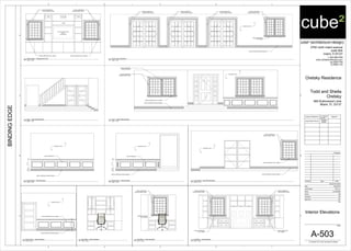 WOOD COMPOSITE
HEADER/JAMB CASING
WOOD COMPOSITE
SILL CASING
WOOD COMPOSITE
HEADER/JAMB CASING
WOOD COMPOSITE
HEADER/JAMB CASING
WOOD COMPOSITE
HEADER/JAMB CASING
WOOD COMPOSITE BASE BOARDS
PAINTED G.W.B.
CTRL.SPKL.SPK R.SPK
TV TO BE FLUSH WITH
UNIT
LG 60LS5700
OPEN
WOOD COMPOSITE SILL CASING
WOOD COMPOSITE
HEADER/JAMB CASING
WOOD COMPOSITE SILL CASING
WOOD COMPOSITE
HEADER/JAMB CASING
PAINTED G.W.B.
WOOD COMPOSITE BASE BOARDS
WOOD COMPOSITE SILL CASING
WOOD COMPOSITE
HEADER/JAMB CASING
WOOD COMPOSITE
JAMB EXTENSION
PAINTED G.W.B.
WOOD COMPOSITE BASE BOARDS
WOOD COMPOSITE SILL CASING
WOOD COMPOSITE
HEADER/JAMB CASING
PAINTED G.W.B.
WOOD COMPOSITE BASE BOARDS
WOOD PANELING
6"2'-3"
PAINTED G.W.B.
WOOD COMPOSITE BASE BOARDS
2'-3"6"
WOOD PANELING
PAINTED G.W.B.
WOOD COMPOSITE BASE BOARDS
WOOD COMPOSITE SILL CASING
2'-3"6"
WOOD COMPOSITE
HEADER/JAMB CASING
WOOD COMPOSITE
SILL CASING
WOOD COMPOSITE
HEADER/JAMB CASING
WOOD COMPOSITE
SILL CASING
WOOD COMPOSITE
HEADER/JAMB CASING
WOOD COMPOSITE
SILL CASING
cube² (architecture+design)
2700 north miami avenue
suite 804
miami, fl 33127
t: 305.586.8169
www.cube2architecture.com
aa-26001789
ib-26001134
BINDINGEDGE
Design Professional FL License
Number
Signature
Jorge Alberto Pernas
AR92904
ID5632
Revisions
Sheet Information
DateIssueNumber
Date
Job Number
Scale
Drawn
Checked
Approved
Title
Sheet
© Copyright 2012 cube² (architecture+design)
12345
12345
A
B
C
A
B
C
D
As indicated
Oretsky Residence
Todd and Sheila
Oretsky
665 Buttonwood Lane
Miami, FL 33137
2013_01
SM
JAP
JAP
03/20/2013
A-503
Interior Elevations
1/2" = 1'-0"
D4
French Door Elevations
1/2" = 1'-0"
D5
Family Room - Entertainment Unit
1/2" = 1'-0"
C4
Foyer - South Wall Elevation
1/2" = 1'-0"
B2
Living Room - East Wall Elevation
3/8" = 1'-0"
C5
Foyer - West Wall Elevation
1/2" = 1'-0"
B4
Dining Room - East Elevation
1/2" = 1'-0"
B5
Dining Room - West Elevation
1/2" = 1'-0"
A5
Dining Room - North Elevation
1/2" = 1'-0"
A4
Den/Office - North Elevation
1/2" = 1'-0"
A3
Den/Office - South Elevation
1/2" = 1'-0"
A2
Den/Office - East Elevation
 
