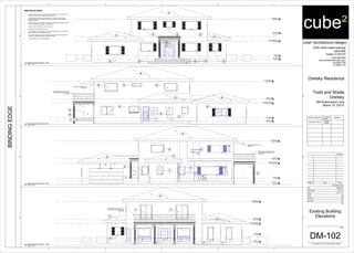 Level 1
0' - 0"
Level 2
10' - 8"
Foyer
1' - 6"
T.O.Beam
19' - 0"
Garage Roof
8' - 6"
EXISTING BALCONY RIALING TO
BE REMOVED AND REPLACED
WITH NEW
5 6
2
6
2 7 7 7
77
6
4
4
4
Level 1
0' - 0"
Level 2
10' - 8"
Foyer
1' - 6"
T.O.Beam
19' - 0"
Garage Roof
8' - 6"
4
4
4
7
66 6 6
666
8
Level 1
0' - 0"
Level 2
10' - 8"
Foyer
1' - 6"
T.O.Beam
19' - 0"
Garage Roof
8' - 6"
4
4 4
6 6 6
66
1
6
6
1
EXISTING BALCONY RIALING TO
BE REMOVED AND REPLACED
WITH NEW
5
8
EXISTING AWNING TO BE
REMOVED
Level 1
0' - 0"
Level 2
10' - 8"
Foyer
1' - 6"
T.O.Beam
19' - 0"
Garage Roof
8' - 6"
4
4 4
2
6
1
6
1
6
1
6
1
66
EXISTING BALCONY RIALING TO
BE REMOVED AND REPLACED
WITH NEW
5
EXISTING AWNING TO BE
REMOVED
cube² (architecture+design)
2700 north miami avenue
suite 804
miami, fl 33127
t: 305.586.8169
www.cube2architecture.com
aa-26001789
ib-26001134
BINDINGEDGE
Design Professional FL License
Number
Signature
Jorge Alberto Pernas
AR92904
ID5632
Revisions
Sheet Information
DateIssueNumber
Date
Job Number
Scale
Drawn
Checked
Approved
Title
Sheet
© Copyright 2012 cube² (architecture+design)
12345
12345
A
B
C
A
B
C
D
1/4" = 1'-0"
Oretsky Residence
Todd and Sheila
Oretsky
665 Buttonwood Lane
Miami, FL 33137
2013_01
SM
JAP
JAP
03/20/2013
DM-102
Existing Building
Elevations
1/4" = 1'-0"
A5
Existing Exterior Elevation - North
1/4" = 1'-0"
D5
Existing Exterior Elevation - South
1/4" = 1'-0"
C5
Existing Exterior Elevation - West
1/4" = 1'-0"
B5
Existing Exterior Elevation - East
DEMOLITION KEY NOTES:
1. PATCH WALLS TO MATCH EXISTING ADJACENT SURFACE IF SCHEDULED TO
REMAIN OR PREPARE TO RECIEVE NEW FINISHES.
2. CUT OPENING IN EXISTING EXTERIOR WALL FOR NEW DOOR AND/OR
WINDOW. PREPARE ADJACENT SURFACES TO RMAIN TO RECEIVE NEW
WORK AS SHOWN.
3. REMOVE EXISTING DOOR AND/OR WINDOW, FRAME AND HARDWARE. TURN
OVER TO OWNER OR DISPOSE AT HIS REQUEST.
4. EXISTING ROOF TO BE REPLACED WITH NEW.
5. REMOVE EXISTING SCREEN IN PATIO.
6. ALL WINDOWS TO BE REPLACED WITH NEW MIAMI-DADE N.O.A APPROVED
IMPACT RESISTANT CASEMENT WINDOWS.
7. ALL EXTERIOR DOORS TO BE REMOVED AND REPLACED WITH NEW MIAMI-
DADE N.O.A APPROVED IMPACT RESITANT DOORS.
8. EXISTING BRICK STEPS TO BE REMOVED
 