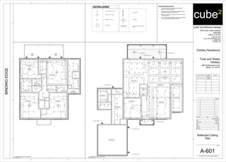 9'-0" A.F.F.
9'-6" A.F.F.
9'-1" A.F.F.
9'-0" A.F.F.
9'-0" A.F.F.
8'-6" A.F.F.
8'-6" A.F.F.
8'-3" A.F.F.
8"4" 6' - 10" 4"8"4" 6' - 10" 4"8"4" 6' - 10" 4"8"6' - 10" 6' - 10"
8"
8"
2'-91/2"5'-61/2"5'-61/2"5'-61/2"2'-91/2"4"4"
4"4" 2' - 11" 5' - 9 1/2" 2' - 11" 4"4"
8"1'-101/2"4'-11/2"4'-71/2"4'-71/2"4'-71/2"2'-4"8"
8" 3' - 2 1/2"
6'-11"4"4"
5' - 10" 4"4"
1'-101/2"
4' - 0"
3'-21/2"4'-0"4'-0"4'-0"4'-0"2'-9"
4' - 0"
2' - 11" 2' - 11" 1' - 11"
2'-8"
1' - 11" 3' - 9 1/2"
2'-1"5'-1"2'-31/2"
1'-2"2'-11"1'-2"
2' - 6"
3' - 11"3' - 11"6' - 0"
3'-5"3'-0"
3' - 11"3' - 11"6' - 0"
4'-0"
3'-7"3'-6"3'-5"3'-6"
3' - 7"
9'-11"
3' - 2"3' - 2"8' - 3"
9'-6"
2'-91/2"
2' - 1"
3' - 11 1/2"
5'-0"5'-0"5'-0"
2' - 5"3' - 8"
3' - 1" 4' - 4"
OUTDOOR SCONCE
OUTDOOR SCONCE
OUTDOOR SCONCE
OUTDOOR SCONCE
OUTDOOR SCONCE
OUTDOOR SCONCE
23' - 0" 4' - 4"
4'-8"
OUTDOOR FAN
8'-3" A.F.F.
TONG AND GROOVE
LIGHTING LEGEND
3" RECESSED LIGHT FIXTURE
PENDENT LIGHT FIXTURE
CEILING LIGHT - FLUSH
CHANDELIER
8'-3" A.F.F.
WALL SCONCE
CEILING FAN
CEILING HEIGHT ABOVE FINISHED
FLOOR
REFLECTED CEILING PLAN NOTES
1. INSTALL NEW 5/8" THICK GYPSUM WALLBOARD
CEILING ON WOOD RAFTERS.
2. NEW CEILING TO BE INSTALLED AS REQUIRED AND
FINISHED SMOOTH BY CONTRACTOR.
3. REFER TO LIGHTING SCHEDULE FOR LIGHT FIXTURE
SPECIFICATIONS.
4. ALL SWITCHES ARE DIMMERS, EXCEPT THE CLOSETS,
UTILITY ROOM AND EXTERIOR LIGHTING.
5'-0"5'-0"3'-4"4"8"
7' - 6 1/2"2' - 9 1/2"4"8"
3'-0"3'-0"2'-21/2"
2' - 9 1/2"
4' - 1"2' - 0"
2'-5"
EQ EQ EQ
2'-81/2"
4" 2' - 11" 6' - 6" 2' - 11" 4"
7'-01/2"3'-21/2"4"
6' - 6"
7'-01/2"
EQEQEQ
4' - 10" 1' - 3" 3' - 4 1/2"
2'-31/2"2'-31/2"
3' - 4 1/2"
6' - 7"2' - 11 1/2"4"
9'-51/2"4'-5"4"
6' - 7 1/2"
9'-6"
4"2' - 11 1/2"6' - 7"
9'-51/2"4'-5"4"
6' - 7"
9'-6"
3'-2"4"
11 1/2" 2' - 6"
3'-11/2"5'-5"5'-5"3'-2"
1' - 8"
8'-4" A.F.F.
8'-4" A.F.F.
8'-4" A.F.F.
8'-4" A.F.F.
8'-4" A.F.F. 8'-4" A.F.F.
8'-4" A.F.F.
8'-4" A.F.F.
8'-4" A.F.F.
8'-4" A.F.F.
OUTDOOR
WALL
SCONCE
OUTDOOR
WALL
SCONCE
cube² (architecture+design)
2700 north miami avenue
suite 804
miami, fl 33127
t: 305.586.8169
www.cube2architecture.com
aa-26001789
ib-26001134
BINDINGEDGE
Design Professional FL License
Number
Signature
Jorge Alberto Pernas
AR92904
ID5632
Revisions
Sheet Information
DateIssueNumber
Date
Job Number
Scale
Drawn
Checked
Approved
Title
Sheet
© Copyright 2012 cube² (architecture+design)
12345
12345
A
B
C
A
B
C
D
As indicated
Oretsky Residence
Todd and Sheila
Oretsky
665 Buttonwood Lane
Miami, FL 33137
2013_01
SM
JAP
JAP
03/20/2013
A-601
Reflected Ceiling
Plan
1/4" = 1'-0"
A3
Reflected Ceiling Plan - Ground Floor
1/4" = 1'-0"
A5
Reflected Ceiling Plan - Second Floor
 