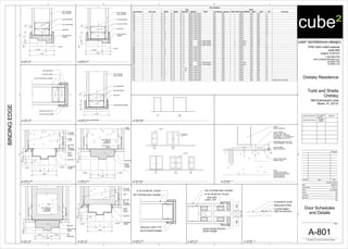 1/4"
RUN FLOOR FINISH
UNDER THRES.
FLOOR FINISH
(SEE SCHEDULE)
RECESSED SLAB FOR TILE
FLOOR WHERE IT OCCURS
DOOR
(SEE SCHEDULE)
NOTE:
THRES. MUST MEET
MAXIMUM HEIGHT AND
SLOPE PER ADA
REQUIREMENTS.
ALUM. THRES.
SET IN CONT. BED
OF SEALANT - ANCHOR
RECESSED - F.H. SCREWS IN
EXPN. SHIELDS AT 8" O.C.
FLOOR FINISH
(SEE SCHEDULE)
REDUCER STRIP
CONCRETE SLAB
SOLID WOOD
FRAME
SEALANT
STD. ANCHORS
2X4 WD STUDS
5/8" GYPSUM
WALLBOARD
5 7/8"
3 15/16"
1 15/16"
1/2"
5/8"2"
5/8" GYPSUM WALL BOARD
2X4 WD STUDS
SOLID WOOD FRAME
SEALANT CONT TYP.
STD ANCHORS
2"5/8"
1 15/16"
5 7/8"
1 15/16" 2" STD.
ANCHORS
SOLID WOOD
FRAME
CMU
5/8" GWB ON
FURRING
CHANNELS
SEALANT
1/4"
2"5/8"
5 7/8"
CMU
GYPSUM
PLASTER
ALUMINUM
FRAME1 15/16"
2"
1 15/16"
SEALANT
5/8" GWB
ON
FURRING
CHANNELS
25 GA
GALV.
ANGLE
5/8" GYPSUM WALL BOARD
6" 20 GA METAL STUDS
SOLID WOOD POCKET
DOOR FRAME
SEALANT
CONT. TYP.
EQ.EQ.
5/8" GYPSUM WALL BOARD
6" 20 GA METAL STUDS
SOLID WOOD FRAME
SEALANT CONT TYP.
1/4"
2"5/8"
5 7/8"
CONC.
LINTEL
GYPSUM
PLASTER
ALUMINUM
FRAME
1 15/16"
2"
1 15/16"
SEALANT
5/8" GWB
ON
FURRING
CHANNELS
25 GA
GALV.
ANGLE
1 15/16"
5 7/8"
2"1 15/16"
5/8"2"
25 GA GALV.
ANGLE
SEALANT
SOLID
WOOD
FRAME
5/8" GWB ON
FURRING
CHANNELS
CONC.
LINTEL
5 7/8"
1/2"
2"
SEALANT
SOLID WOOD FRAME
2X4 WD STUDS
5/8" GYPSUM
WALL BOARD
STD ANCHORS
5 7/8"
1/2"
3 15/16"
5/8"2"
1 15/16"
SEALANT
SOLID WOOD
FRAME
2X4 WD STUDS
5/8" GYPSUM
WALL BOARD
STD ANCHORS
1 2
IMPACT RESISTANT
GLAZING FOR
EXTERIOR DOORS
ONLY
SOLID CORE
DOOR
A B
C D
SOLID CORE
DOOR
E
cube² (architecture+design)
2700 north miami avenue
suite 804
miami, fl 33127
t: 305.586.8169
www.cube2architecture.com
aa-26001789
ib-26001134
BINDINGEDGE
Design Professional FL License
Number
Signature
Jorge Alberto Pernas
AR92904
ID5632
Revisions
Sheet Information
DateIssueNumber
Date
Job Number
Scale
Drawn
Checked
Approved
Title
Sheet
© Copyright 2012 cube² (architecture+design)
12345
12345
A
B
C
A
B
C
D
As indicated
Oretsky Residence
Todd and Sheila
Oretsky
665 Buttonwood Lane
Miami, FL 33137
2013_01
SM
JAP
JAP
03/20/2013
A-801
Door Schedules
and Details
Door Schedule
Door Number Door Type
Door
Fire Rating Hardware
Frame
CommentsWidth Height Thickness Material Finish Frame Type Frame Material Jamb Head Sill
101 A 3' - 0" 6' - 8" 0' - 2" Wood - Door Paint N/A N/A 1 Wood JD4 HD4 T1
102 D 5' - 8" 6' - 8" 0' - 2" Wood - Door Paint N/A N/A 1 Wood JD3 HD3 T2
103 A 2' - 10" 6' - 8" 0' - 2" Wood - Door Paint N/A N/A 1 Wood JD1 HD1 T2
104 A 2' - 10" 6' - 8" 0' - 2" Wood - Door Paint N/A N/A 1 Wood JD1 HD1 T2
105 A 3' - 0" 6' - 8" 0' - 2" Wood - Door Paint N/A N/A 1 Wood JD1 HD1 T2
106 A 2' - 10" 6' - 8" 0' - 2" Wood - Door Paint N/A N/A 1 Wood JD1 HD1 T2
107 A 3' - 0" 6' - 8" 0' - 2" Wood - Door Paint N/A N/A 1 Wood JD1 HD1 T2
108 A 3' - 0" 6' - 8" 0' - 2" Wood - Door Paint N/A N/A 1 Wood JD3 HD3 T2
109 C 4' - 0" 6' - 8" 0' - 2" Wood - Door Paint N/A N/A 1 Wood JD1 HD1 T2
110 A 2' - 10" 6' - 8" 0' - 2" Wood - Door Paint N/A N/A 1 Wood JD1 HD1 T2
111 A 2' - 10" 6' - 8" 0' - 2" Wood - Door Paint N/A N/A 1 Wood JD1 HD1 T2
112 A 2' - 10" 6' - 8" 0' - 2" Wood - Door Paint N/A N/A 1 Wood JD1 HD1 T2
113 A 2' - 10" 6' - 8" 0' - 2" Wood - Door Paint N/A N/A 1 Wood JD4 HD4 T1
114 A 2' - 10" 6' - 8" 0' - 2" Wood - Door Paint N/A N/A 1 Wood JD4 HD4 T1
115 B 6' - 0" 6' - 8" 0' - 2" Glass Glass, Clear Glazing N/A N/A 2 Aluminum JD4 HD4 T1
116 B 6' - 0" 6' - 8" 0' - 2" Glass Glass, Clear Glazing N/A N/A 2 Aluminum JD4 HD4 T1
117 B 6' - 0" 6' - 8" 0' - 2" Glass Glass, Clear Glazing N/A N/A 2 Aluminum JD4 HD4 T1
201 A 3' - 0" 6' - 8" 0' - 2" Wood - Door Paint N/A N/A 1 Wood JD1 HD1 T2
202 A 2' - 10" 6' - 8" 0' - 2" Wood - Door Paint N/A N/A 1 Wood JD1 HD1 T2
203 A 2' - 10" 6' - 8" 0' - 2" Wood - Door Paint N/A N/A 1 Wood JD1 HD1 T2
204 A 2' - 10" 6' - 8" 0' - 2" Wood - Door Paint N/A N/A 1 Wood JD1 HD1 T2
205 A 2' - 10" 6' - 8" 0' - 2" Wood - Door Paint N/A N/A 1 Wood JD1 HD1 T2
206 A 3' - 0" 6' - 8" 0' - 2" Wood - Door Paint N/A N/A 1 Wood JD1 HD1 T2
207 A 3' - 0" 6' - 8" 0' - 2" Wood - Door Paint N/A N/A 1 Wood JD1 HD1 T2
208 A 4' - 0" 6' - 8" 0' - 2" Wood - Door Paint N/A N/A 1 Wood JD1 HD1 T2
209 B 6' - 0" 6' - 8" 0' - 2" Glass Glass, Clear Glazing N/A N/A 2 Aluminum JD4 HD4 T1
210 B 6' - 0" 6' - 8" 0' - 2" Glass Glass, Clear Glazing N/A N/A 2 Aluminum JD4 HD4 T1
211 A 3' - 0" 6' - 8" 0' - 2" Wood - Door Paint N/A N/A 1 Wood JD1 HD1 T2
212 A 2' - 0" 6' - 8" 0' - 1 1/2" Wood - Door Paint N/A N/A 1 Wood JD1 HD1 T2
213 E 2' - 6" 6' - 8" 0' - 1 1/2" Wood - Door Paint N/A N/A 1 Wood JD5 HD5 T2
214 A 4' - 0" 6' - 8" 0' - 2" Wood - Door Paint N/A N/A 1 Wood JD1 HD1 T2
215 A 2' - 10" 6' - 8" 0' - 2" Wood - Door Paint N/A N/A 1 Wood JD1 HD1 T2
216 A 3' - 0" 6' - 8" 0' - 2" Wood - Door Paint N/A N/A 1 Wood JD1 HD1 T2
217 A 1' - 8" 6' - 8" 0' - 2" Wood - Door Paint N/A N/A 1 Wood JD1 HD1 T2
218 C 4' - 0" 6' - 8" 0' - 2" Wood - Door Paint N/A N/A 2 Wood JD2 HD2 T2 Existing Door To Remain
6" = 1'-0"
B2
Threshold - T1
6" = 1'-0"
A1
Threshold - T2
6" = 1'-0"
D5
Jamb - JD1
6" = 1'-0"
C5
Jamb - JD2
6" = 1'-0"
A5
Jamb - JD3
6" = 1'-0"
A4
Jamb - JD4
6" = 1'-0"
A2
Jamb - JD5
6" = 1'-0"
A3
Header - HD5
6" = 1'-0"
B5
Header - HD4
6" = 1'-0"
B
Header - HD3
6" = 1'-0"
C4
Header - HD2 ( Jamb Similar)
6" = 1'-0"
D4
Header - HD1
1/4" = 1'-0"
C3
Frame Types
1/4" = 1'-0"
B3
Door Types
 