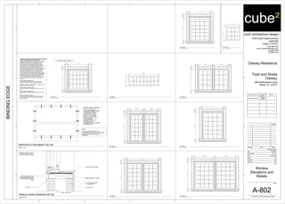 5 1/2" 2' - 10 1/2" 3" 2' - 10 1/2" 5 1/2"
51/2"4'-0"4"
HEAD, JAMB, SILL
SINGLE HUNG WINDOW DETAIL
SCALE: N.T.S.
WINDOW ATTACHMENT DETAIL
NOTE:
SCALE: N.T.S.
WINDOW CONNECTION SPEC.
NOTE: ANCHORING OF
ALUMINUM WINDOW FRAME
TO EXISTING FRAMED
OPENING SHALL ASTM
929-79, TYPE S, GRADE,
NS, USE NT, FEDERAL
SPEC.TT-S001657. TYPE 1
PERFORMANCE
CHARACTERISTICS TO
OPENING W/ MIN.
RECOMMENDED FASTENERS
BY WINDOW MFG.
WINDOW INSTALLATION
AS PER MANUFACTURER
STUCCO
CONTINUOUS SEALANT
WITH BACKER ROD FOR
ENTIRE PERIMETERE OF
UNIT
FIBERGLASS BATT INSUL.
ALL NEW WINDOWS SHALL BE
CONSTRUCTED TO MEET 140 MPH WIND
LOAD & LARGE MISSLE IMPACT
CRITERIA
GYPSUM WALL BOARD
C.M.U. WALL
P.T. WD. BLOCKING,
AS REQUIRED.
5 1/2" 3' - 0" 5 1/2"
51/2"4'-0"4"
5 1/2" 2' - 1" 3" 2' - 1 1/2" 5 1/2"
5"3'-1"4"
2' - 0"
2'-0"
5 1/2" 3' - 0" 5 1/2"
51/2"3'-6"4"
4' - 6"
1'-6"
5 1/2" 1' - 10 1/2" 3" 1' - 10 1/2" 5 1/2"
51/2"4'-0"4"
5 1/2" 4' - 6 1/2" 5 1/2"
51/2"4'-0"4"
5 1/2" 3' - 0" 5 1/2"
51/2"3'-0"4"
cube² (architecture+design)
2700 north miami avenue
suite 804
miami, fl 33127
t: 305.586.8169
www.cube2architecture.com
aa-26001789
ib-26001134
BINDINGEDGE
Design Professional FL License
Number
Signature
Jorge Alberto Pernas
AR92904
ID5632
Revisions
Sheet Information
DateIssueNumber
Date
Job Number
Scale
Drawn
Checked
Approved
Title
Sheet
© Copyright 2012 cube² (architecture+design)
12345
12345
A
B
C
A
B
C
D
As indicated
Oretsky Residence
Todd and Sheila
Oretsky
665 Buttonwood Lane
Miami, FL 33137
2013_01
JAP
JAP
JAP
03/20/2013
A-802
Window
Elevations and
Details
1" = 1'-0"
A2
Typ.A
SECTION R310 EMERGENCY ESCAPE AND RESCUE OPENINGS
R310.1 Emergency escape and rescue required.
Basements, habitable attics and every sleeping room shall have
at least one operable emergency escape and rescue opening.
Where basements contain one or more sleeping rooms,
emergency egress and rescue openings shall be required in
each sleeping room. Where emergency escape and rescue
openings are provided they shall have a sill height of not more
than 44 inches (1118 mm) above the floor. Where a door
opening having a threshold below the adjacent ground elevation
serves as an emergency escape and rescue opening and is
provided with a bulkhead enclosure, the bulkhead enclosure
shall comply with Section R310.3. The net clear opening
dimensions required by this section shall be obtained by the
normal operation of the emergency escape and rescue opening
from the inside. Emergency escape and rescue openings with a
finished sill height below the adjacent ground elevation shall be
provided with a window well in accordance with Section
R310.2. Emergency escape and rescue openings shall open
directly into a public way, or to a yard or court that opens to a
public way.
R310.1.1 Minimum opening area.
All emergency escape and rescue openings shall have a
minimum net clear opening of 5.7 square feet (0.530 m2).
Exception: Grade floor openings shall have a minimum net clear
opening of 5 square feet (0.465 m2).
R310.1.2 Minimum opening height.
The minimum net clear opening height shall be 24 inches (610
mm).
R310.1.3 Minimum opening width.
The minimum net clear opening width shall be 20 inches (508
mm).
R310.1.4 Operational constraints.
Emergency escape and rescue openings shall be operational
from the inside of the room without the use of keys, tools or
special knowledge.
**EMERGENCY ESCAPE WINDOW**
1" = 1'-0"
B2
Typ.B
1" = 1'-0"
C2
Typ.C
1" = 1'-0"
D1
Typ.D
1" = 1'-0"
D2
Typ.E
1" = 1'-0"
C3
Typ.F
1" = 1'-0"
B3
Typ.G
1" = 1'-0"
A3
Typ.H
1" = 1'-0"
C5
Typ.I
 