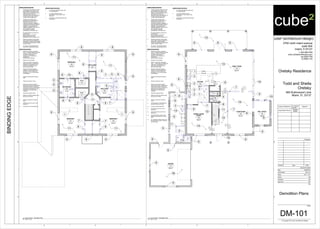 DWOVEN
WH
UP
WD
REF.
DW
6"
6"
12"
12"
24"
265 SF
LIVING ROOM
102
583 SF
FAMILY ROOM
104
368 SF
KITCHEN
106
196 SF
FORMAL DINING
ROOM
105
168 SF
DEN / OFFICE
103
28 SF
POWDER ROOM
109
465 SF
GARAGE
112
GENERAL DEMOLTION NOTES:
1. WHERE EXISTING SERVICES SUCH
AS PLUMBING, ELECTRICAL, ETC.
ARE AFFECTED BY DEMOLITION
WORK, SUCH AS REMOVAL OF AN
EXISTING PARTITION, THE
SERVICES SHALL BE REMOVED TO
A POINT WHERE THEY CAN BE
CAPPED AND TERMINATED.
2. WHERE NEW FINISHES ARE
SCHEDULED FOR EXISTING OR
RENOVATED SPACES, THE
CONTRACTOR SHALL REMOVE
EXISTING FINISHES AND PREPARE
SUBSTRATES TO RECEIVE NEW
FINISHES. PREPARATION OF
SUBSTRATES SHALL INCLUDE BUT
NOT BE LIMITED TO THE
FOLLOWING IF DEEMED
REQUIRED BY THE ARCHITECT:
- PATCHING AND/OR LEVELING OF
FLOOR SLAB.
- SKIM COATING OF GYPSUM
WALLBOARD SURFACES
- SANDING OF METAL FRAMES, ETC.
3. REMOVE EXISTING FLOOR, BASE,
WALLS AND CEILING FINISHES AS
REQUIRED TO RECEIVE NEW
WORK OR FINISHES THROUGHOUT
ENTIRE PROJECT AREA.
4. ALL WALLS TO BE DEMOLISHED
ARE NON-LOAD BEARING WALLS.
DEMOLITION KEYNOTES:
1. REMOVE EXISTING CASEWORK.
PATCH FLOORS, BASE WALLS AND
CEILING TO MATCH EXISTING
ADJACENT SURFACES IF
SCHEDULED TO REMAIN OR
PREPARE TO
RECEIVE NEW FINISHES.
2. REMOVE KITCHEN SINK.
3. REMOVE EXISTING EQUIPMENT
AND TURN OVER TO OWNER OR
DISPOSE AT HIS REQUEST. ALL
EXISTING EQUIPMENT TO BE
REPLACED WITH NEW.
4 REMOVE EXISTING DRYWALL
CEILING TO ALLOW AREAS FOR
WORK OF OTHER TRADES AS
REQUIRED. PATCH AND REPAIR
AS REQUIRED.
5. REMOVE EXISTING BATHROOM
SINK.
6. REMOVE EXISTING TOILET
7. REMOVE EXISTING INTERIOR
PARTITION. PATCH FLOORS, BASE,
WALLS AND CEILING TO MATCH
EXISTING ADJACENT SURFACES IF
SCHEDULED TO REMAIN, OR
PREPARE TO RECEIVE NEW
FINISHES.
8. REMOVE EXISTING DOOR
9. REMOVE EXISTING WINDOW AND
REPLACE WITH NEW
10. REMOVE EXISTING EXTERIOR
WALL
11. STAIR RAILING TO BE REMOVED
AND REPLACED WITH NEW
12. STAIRS TO BE REFINISHED
13. EXISTING FLOOR TILE TO BE
REMOVED
14. EXISTING WOOD FLOOR TO BE
REMOVED
15. EXISTING FRONT DOOR TO BE
REMOVED AND REPLACED WITH
NEW
16. ALL EXISTING GARAGE WALLS TO
BE REPAINTED. CONC. FLOOR TO
BE REPAINTED
GENERAL DEMOLTION NOTES:
1. ALL EXISTING WINDOW SHUTTERS
TO BE REPAINTED.
2. ALL EXTRA WIRING ON THE
EXTERIOR OF THE HOUSE TO BE
REMOVED.
3. EXTERIOR TO BE RESURFACED AND
REFINISHED.
8 99
9
9
8
8
9
3
9
9
8
8
7
9
9
9
9
9
8
7
7
10
9
8
8
8
6
5
3
2
2
2
1
2
1
1
14
14
13
13
13
11
12
6
5
15
10
7
7
9
16
13
292 SF
BEDROOM 3
209
261 SF
BEDROOM 1
201
77 SF
BATHROOM 1
202
190 SF
BEDROOM 2
203
32 SF
HIS CLOSET
205
W.I.C
211
W.I.C
212
HER CLOSET
206
GENERAL DEMOLTION NOTES:
1. WHERE EXISTING SERVICES SUCH
AS PLUMBING, ELECTRICAL, ETC.
ARE AFFECTED BY DEMOLITION
WORK, SUCH AS REMOVAL OF AN
EXISTING PARTITION, THE
SERVICES SHALL BE REMOVED TO
A POINT WHERE THEY CAN BE
CAPPED AND TERMINATED.
2. WHERE NEW FINISHES ARE
SCHEDULED FOR EXISTING OR
RENOVATED SPACES, THE
CONTRACTOR SHALL REMOVE
EXISTING FINISHES AND PREPARE
SUBSTRATES TO RECEIVE NEW
FINISHES. PREPARATION OF
SUBSTRATES SHALL INCLUDE BUT
NOT BE LIMITED TO THE
FOLLOWING IF DEEMED
REQUIRED BY THE ARCHITECT:
- PATCHING AND/OR LEVELING OF
FLOOR SLAB.
- SKIM COATING OF GYPSUM
WALLBOARD SURFACES
- SANDING OF METAL FRAMES, ETC.
3. REMOVE EXISTING FLOOR, BASE,
WALLS AND CEILING FINISHES AS
REQUIRED TO RECEIVE NEW WORK
OR FINISHES THROUGHOUT ENTIRE
PROJECT AREA.
4. ALL WALLS TO BE DEMOLISHED
ARE NON-LOAD BEARING WALLS.
DEMOLITION KEYNOTES:
1. REMOVE EXISTING CASEWORK.
PATCH FLOORS, BASE WALLS AND
CEILING TO MATCH EXISTING
ADJACENT SURFACES IF
SCHEDULED TO REMAIN OR
PREPARE TO
RECEIVE NEW FINISHES.
2. REMOVE KITCHEN SINK.
3. REMOVE EXISTING EQUIPMENT
AND TURN OVER TO OWNER OR
DISPOSE AT HIS REQUEST. ALL
EXISTING EQUIPMENT TO BE
REPLACED WITH NEW.
4 REMOVE EXISTING DRYWALL
CEILING TO ALLOW AREAS FOR
WORK OF OTHER TRADES AS
REQUIRED. PATCH AND REPAIR
AS REQUIRED.
5. REMOVE EXISTING BATHROOM
SINK.
6. REMOVE EXISTING TOILET
7. REMOVE EXISTING INTERIOR
PARTITION. PATCH FLOORS, BASE,
WALLS AND CEILING TO MATCH
EXISTING ADJACENT SURFACES IF
SCHEDULED TO REMAIN, OR
PREPARE TO RECEIVE NEW
FINISHES.
8. REMOVE EXISTING DOOR
9. REMOVE EXISTING WINDOW AND
REPLACE WITH NEW
10. REMOVE EXISTING EXTERIOR
WALL
11. EXISTING WOOD FLOOR TO BE
REMOVED
12. EXISTING TUB TO BE REMOVED
GENERAL DEMOLTION NOTES:
1. ALL EXISTING WINDOW SHUTTERS
TO BE REPAINTED.
2. ALL EXTRA WIRING ON THE
EXTERIOR OF THE HOUSE TO BE
REMOVED.
3. EXTERIOR TO BE RESURFACED AND
REFINISHED.
9
9
9
9 9 9
9
9
9
6
5
5
7
7
77
88
88
8
8
8
12
5
6
1 1
8
8
88
8
8
5
11
11
11 11
11
cube² (architecture+design)
2700 north miami avenue
suite 804
miami, fl 33127
t: 305.586.8169
www.cube2architecture.com
aa-26001789
ib-26001134
BINDINGEDGE
Design Professional FL License
Number
Signature
Jorge Alberto Pernas
AR92904
ID5632
Revisions
Sheet Information
DateIssueNumber
Date
Job Number
Scale
Drawn
Checked
Approved
Title
Sheet
© Copyright 2012 cube² (architecture+design)
12345
12345
A
B
C
A
B
C
D
1/4" = 1'-0"
Oretsky Residence
Todd and Sheila
Oretsky
665 Buttonwood Lane
Miami, FL 33137
2013_01
SM
JAP
JAP
03/20/2013
DM-101
Demolition Plans
1/4" = 1'-0"
A3
Ground Floor - Demolition Plan
1/4" = 1'-0"
A5
Second Floor - Demoliton Plan
 