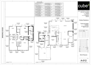 OVEN
DW
REF.
WD
UP
DN
FOYER
A/C
6"
6"
24"
6"
12"
12"
LIVING ROOM
DEN / OFFICE
FAMILY ROOM
KITCHEN
FORMAL DINING
ROOM
GARAGE
LAUNDRY/PANTRY
MAID'S
BATHROOM
MAID'S ROOM
78.71/-85.32
12-0221.14 OR EQUAL
Aluminum Single Hung
Window - L.M.I
w: 36"
h: 48"
78.71/-85.32
12-0221.14 OR EQUAL
Aluminum Single Hung
Window - L.M.I
w: 36"
h: 48"
78.71/-85.32
12-0221.14 OR EQUAL
Aluminum Single Hung
Window - L.M.I
w: 36"
h: 48"
78.71/-105.3
12-0221.14 OR EQUAL
Aluminum Single Hung
Window - L.M.I
w: 36"
h: 48"
75.20/-81.81
w: 72"
h: 78"75.20/-81.81
w: 72"
h: 78"
75.20/-81.81
w: 72"
h: 78"
78.71/-85.32
12-0221.14 OR EQUAL
Aluminum Single Hung
Window - L.M.I
w: 52"
h: 48"
78.71/-105.3
12-0221.14 OR EQUAL
Aluminum Single Hung
Window - L.M.I
w: 54"
h: 38"
75.20/-98.28
w: 34"
h: 84"
78.71/-85.32
12-0221.14 OR EQUAL
Aluminum Single Hung
Window - L.M.I
w: 36"
h: 48"
78.71/-105.3
12-0221.14 OR EQUAL
Aluminum Single Hung
Window - L.M.I
w: 36"
h: 42"
75.20/-81.81
12-0221.14 OR EQUAL
Aluminum Single Hung
Window - L.M.I
w: 72"
h: 48"
75.20/-98.28
w: 34"
h: 84"
75.20/-81.81
12-0221.14 OR EQUAL
Aluminum Single Hung
Window - L.M.I
w: 72"
h: 48"
12-0221.14 OR EQUAL
Aluminum Single Hung
Window - L.M.I
w: 72"
h: 48"
75.20/-81.81
12-0706.04 OR EQUAL
Aluminum Glazed Doors -
Impact
w: 36"
h: 84"
75.20/-81.81
12-0221.14 OR EQUAL
Aluminum Single Hung
Window - L.M.I
w: 72"
h: 48"
78.71/-105.3
12-0221.14 OR EQUAL
Aluminum Single Hung
Window - L.M.I
w: 36"
h: 48"
78.71/-105.3
12-0221.14 OR EQUAL
Aluminum Single Hung
Window - L.M.I
w: 52"
h: 48"
78.71/-105.3
12-0221.14 OR EQUAL
Aluminum Single Hung
Window - L.M.I
w: 16"
h: 24"
75.20/-98.28
78.71/-105.3
12-0221.14 OR EQUAL
Aluminum Single Hung
Window - L.M.I
w: 36"
h: 48"
12-0706.04 OR EQUAL
Aluminum Glazed Doors -
Impact
12-0706.04 OR EQUAL
Aluminum Glazed Doors -
Impact
12-0706.04 OR EQUAL
Aluminum Glazed Doors -
Impact
12-0706.04 OR EQUAL
Aluminum Glazed Doors -
Impact
12-0706.04 OR EQUAL
Aluminum Glazed Doors -
Impact
W.I.C
212
W.I.C
211
BEDROOM 1
BEDROOM 2
BEDROOM 3
MASTER
BEDROOM
HER CLOSET
HIS CLOSET
BATHROOM 2
MASTER
BATHROOM
TOILET ROOM
BATHROOM 1
12.0221.14 OR EQUAL
Aluminum Single Hung
Window - L.M.I
78.71/-85.32
12.0221.14 OR EQUAL
Aluminum Single Hung
Window - L.M.I
w: 54"
h: 18"
12.0221.14 OR EQUAL
Aluminum Single Hung
Window - L.M.I
12.0221.14 OR EQUAL
Aluminum Single Hung
Window - L.M.I
78.71/-85.32
12.0221.14 OR EQUAL
Aluminum Single Hung
Window - L.M.I
w: 36"
h: 36"
12.0221.14 OR EQUAL
Aluminum Single Hung
Window - L.M.I
12.0221.14 OR EQUAL
Aluminum Single Hung
Window - L.M.I
78.71/-85.32
75.20/-81.81
w: 72"
h: 48"75.20/-81.81
w: 72"
h: 48"
75.20/-81.81
w: 72"
h: 48"
75.20/-81.81
w: 72"
h: 48"
75.20/-81.81
w: 72"
h: 48"
78.71/-105.3
12.0221.14 OR EQUAL
Aluminum Single Hung
Window - L.M.I
w: 52"
h: 48"
12.0221.14 OR EQUAL
Aluminum Single Hung
Window - L.M.I
w: 52"
h: 48"78.71/-105.3
12.0221.14 OR EQUAL
Aluminum Single Hung
Window - L.M.I
w: 16"
h: 24"
75.20/-81.81
w: 72"
h: 78"
75.20/-81.81
w: 72"
h: 78"
12-0706.04 OR EQUAL
Aluminum Glazed Doors -
Impact
12-0706.04 OR EQUAL
Aluminum Glazed Doors -
Impact
cube² (architecture+design)
2700 north miami avenue
suite 804
miami, fl 33127
t: 305.586.8169
www.cube2architecture.com
aa-26001789
ib-26001134
BINDINGEDGE
Design Professional FL License
Number
Signature
Jorge Alberto Pernas
AR92904
ID5632
Revisions
Sheet Information
DateIssueNumber
Date
Job Number
Scale
Drawn
Checked
Approved
Title
Sheet
© Copyright 2012 cube² (architecture+design)
12345
12345
A
B
C
A
B
C
D
1/4" = 1'-0"
Oretsky Residence
Todd and Sheila
Oretsky
665 Buttonwood Lane
Miami, FL 33137
2013_01
SM
JAP
JAP
03/20/2013
A-012
Wind Pressure
1/4" = 1'-0"
A3
Ground Floor - Wind Pressure
WIND LOAD CALCULATIONS
BASED ON TABLE R301.2(2) COMPONENT AND CLADDING
LOADS FOR A BUILDING WITH A MEAN ROOF HEIGHT OF
30 FEET LOCATED IN EXPOSURE "B" PER THE
FBC 2010, RESIDENTIAL.
TABLE R301.2(3) HEIGHT AND EXPOSURE ADJUSTMENT
COEFFICIENTS FOR TABLE R301.2(2).
EXPOSURE "C" W/ A MEAN ROOF HEIGHT OF 20 FEET: 1.35
72" X 78" TYP.A WINDOW IN ZONE 5 = 24S.F.
PER TABLE R301.2(2) THE REQUIRED CLADDING FORCE
IN A 180 MPH WIND ZONE IS: 55.7/-72.8
USING EXPOSURE ADJUSTMENT COEFFICIENT FROM
TABLE R301.2(3) OF 1.35, THE ADJUSTED AMOUNTS ARE:
1.35 X 55.7 = 75.20 POSITIVE PRESSURE
1.35 X -72.8= -98.28 NEGATIVE PRESSURE
72" X 78" TYP.A WINDOW IN ZONE 4 = 24 S.F.
PER TABLE R301.2(2) THE REQUIRED CLADDING FORCE
IN A 180 MPH WIND ZONE IS: 55.7/-60.6
USING EXPOSURE ADJUSTMENT COEFFICIENT FROM
TABLE R301.2(3) OF 1.35, THE ADJUSTED AMOUNTS ARE:
1.35 X 55.7 = 75.20 POSITIVE PRESSURE
1.35 X -60.6 = -81.81 NEGATIVE PRESSURE
36" X 48" TYP.B WINDOW IN ZONE 5 = 12 S.F.
PER TABLE R301.2(2) THE REQUIRED CLADDING FORCE IN
A 180 MPH WIND ZONE IS: 58.3/-78.0
USING EXPOSURE ADJUSTMENT COEFFICIENT FROM
TABLE R301.2(3) OF 1.35, THE ADJUSTED AMOUNTS ARE:
1.35 X 58.3 = 78.71 POSITIVE PRESSURE
1.35 X -78.0 = -105.3 NEGATIVE PRESSURE
*ALL WINDOWS MUST BE LARGE MISSILE IMPACT (LMI)
1/4" = 1'-0"
A5
Second Floor - Wind Pressure
36" X 48" TYP.B WINDOW IN ZONE 4 = 12 S.F.
PER TABLE R301.2(2) THE REQUIRED CLADDING FORCE IN
A 180 MPH WIND ZONE IS: 58.3/-63.2
USING EXPOSURE ADJUSTMENT COEFFICIENT FROM
TABLE R301.2(3) OF 1.35, THE ADJUSTED AMOUNTS ARE:
1.35 X 58.3 = 78.71 POSITIVE PRESSURE
1.35 X -63.2 = -85.32 NEGATIVE PRESSURE
54" X 38" TYP.C WINDOW IN ZONE 5 = 15 S.F.
PER TABLE R301.2(2) THE REQUIRED CLADDING FORCE IN
A 180 MPH WIND ZONE IS: 58.3/-78.0
USING EXPOSURE ADJUSTMENT COEFFICIENT FROM
TABLE R301.2(3) OF 1.35, THE ADJUSTED AMOUNTS ARE:
1.35 X 52.2 = 78.71 POSITIVE PRESSURE
1.35 X -78.0 = -105.3 NEGATIVE PRESSURE
36" X 42" TYP.E WINDOW IN ZONE 5 = 10.5 S.F.
PER TABLE R301.2(2) THE REQUIRED CLADDING FORCE IN
A 180 MPH WIND ZONE IS: 58.3/-78.0
USING EXPOSURE ADJUSTMENT COEFFICIENT FROM
TABLE R301.2(3) OF 1.35, THE ADJUSTED AMOUNTS ARE:
1.35 X 52.2 = 78.71 POSITIVE PRESSURE
1.35 X -78.0 = -105.3 NEGATIVE PRESSURE
54" X 18" TYP.F WINDOW IN ZONE 4 = 6.8 S.F.
PER TABLE R301.2(2) THE REQUIRED CLADDING FORCE IN
A 180 MPH WIND ZONE IS: 58.3/-63.2
USING EXPOSURE ADJUSTMENT COEFFICIENT FROM
TABLE R301.2(3) OF 1.35, THE ADJUSTED AMOUNTS ARE:
1.35 X 58.3 = 78.71 POSITIVE PRESSURE
1.35 X -63.2 = -85.32 NEGATIVE PRESSURE
48" X 48" TYP.G WINDOW IN ZONE 4 = 16 S.F.
PER TABLE R301.2(2) THE REQUIRED CLADDING FORCE IN
A 180 MPH WIND ZONE IS: 58.3/-63.2
USING EXPOSURE ADJUSTMENT COEFFICIENT FROM
TABLE R301.2(3) OF 1.35, THE ADJUSTED AMOUNTS ARE:
1.35 X 58.3 = 78.71 POSITIVE PRESSURE
1.35 X -63.2 = -85.32 NEGATIVE PRESSURE
36" X 36" TYP.I WINDOW IN ZONE 4 = 9 S.F.
PER TABLE R301.2(2) THE REQUIRED CLADDING FORCE IN
A 180 MPH WIND ZONE IS: 58.3/-63.2
USING EXPOSURE ADJUSTMENT COEFFICIENT FROM
TABLE R301.2(3) OF 1.35, THE ADJUSTED AMOUNTS ARE:
1.35 X 58.3 = 78.71 POSITIVE PRESSURE
1.35 X -63.2 = -85.32 NEGATIVE PRESSURE
16" X 34" TYP.D WINDOW IN ZONE 5 = 4.5 S.F.
PER TABLE R301.2(2) THE REQUIRED CLADDING FORCE IN
A 180 MPH WIND ZONE IS: 58.3/-78.0
USING EXPOSURE ADJUSTMENT COEFFICIENT FROM
TABLE R301.2(3) OF 1.35, THE ADJUSTED AMOUNTS ARE:
1.35 X 52.2 = 78.71 POSITIVE PRESSURE
1.35 X -78.0 = -105.3 NEGATIVE PRESSURE
54" X 48" TYP.H WINDOW IN ZONE 4 = 18 S.F.
PER TABLE R301.2(2) THE REQUIRED CLADDING FORCE IN
A 180 MPH WIND ZONE IS:58.3/-63.2
USING EXPOSURE ADJUSTMENT COEFFICIENT FROM
TABLE R301.2(3) OF 1.35, THE ADJUSTED AMOUNTS ARE:
1.35 X 58.3 = 78.71 POSITIVE PRESSURE
1.35 X -63.2 = -85.32 NEGATIVE PRESSURE
34" X 84" DOOR IN ZONE 5 = 25 S.F.
PER TABLE R301.2(2) THE REQUIRED CLADDING FORCE IN
A 180 MPH WIND ZONE IS: 58.3/-63.2
USING EXPOSURE ADJUSTMENT COEFFICIENT FROM
TABLE R301.2(3) OF 1.35, THE ADJUSTED AMOUNTS ARE:
1.35 X 58.3 = 75.20POSITIVE PRESSURE
1.35 X -63.2 = -98.28NEGATIVE PRESSURE
74" X 78" FRENCH DOOR IN ZONE 4 = 42 S.F.
PER TABLE R301.2(2) THE REQUIRED CLADDING FORCE IN
A 180 MPH WIND ZONE IS: 55.7/-60.6
USING EXPOSURE ADJUSTMENT COEFFICIENT FROM
TABLE R301.2(3) OF 1.35, THE ADJUSTED AMOUNTS ARE:
1.35 X 55.7 = 75.20 POSITIVE PRESSURE
1.35 X -60.6= -81.81 NEGATIVE PRESSURE
36" X 84" FRENCH DOOR IN ZONE 4 = 21 S.F.
PER TABLE R301.2(2) THE REQUIRED CLADDING FORCE IN
A 180 MPH WIND ZONE IS: 55.7/-60.6
USING EXPOSURE ADJUSTMENT COEFFICIENT FROM
TABLE R301.2(3) OF 1.35, THE ADJUSTED AMOUNTS ARE:
1.35 X 55.7 = 75.20 POSITIVE PRESSURE
1.35 X -60.6= -81.81 NEGATIVE PRESSURE
 