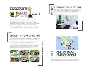 Cozumel Juneau, AK Maui, HI
2011
2013
local & national
honors
2012 - from 3 to 30
PRODUCT INNOVATION
Cariloha’s innovative bamboo store and product
developments propelled Cariloha to win several local
and national honors, including Inc. 500|5000’s fastest
growing businesses in America, Top 100 Private Companies
in Utah, Best of State Trophy and Medal, and one of
Utah’s Emerging Eight and Elite Businesses, for production,
consumer services, textiles, apparel and merchandising.
By 2012, Cariloha had opened 30 stores in 11 countries and
has grown to become the only multi-store retailer in the
world to provide an entire store experience completely
merchandised with products made of bamboo.
An ever-growing rich supply of bamboo makes it possible
for Cariloha to continue offering an exclusive collection of
bamboo products all enjoying the soft touch and green
‘footprint’ of this amazing renewable resource.
2012
Constant innovation leads to greater quality, scope
and depth in the development and evolution of
core bamboo product lines, including Bamboo
Bedding, Bamboo Bath, Bamboo Style, Bamboo Fit
and Bamboo Basics.
2014
GROWTH
global
Cariloha’s popular bamboo products and rapid store
expansion continues to attract customers across the globe
with 50+ store locations in 14 countries and growing!
 