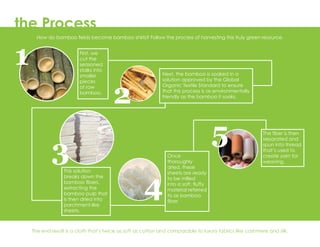the Process
1
2
3
4
5
How do bamboo fields become bamboo shirts? Follow the process of harvesting this truly green resource.
The fiber is then
separated and
spun into thread
that’s used to
create yarn for
weaving.
The end result is a cloth that’s twice as soft as cotton and comparable to luxury fabrics like cashmere and silk.
Once
thoroughly
dried, these
sheets are ready
to be milled
into a soft, fluffy
material referred
to as bamboo
fiber.
This solution
breaks down the
bamboo fibers,
extracting the
bamboo pulp that
is then dried into
parchment-like
sheets.
Next, the bamboo is soaked in a
solution approved by the Global
Organic Textile Standard to ensure
that this process is as environmentally
friendly as the bamboo it soaks.
First, we
cut the
seasoned
stalks into
smaller
pieces
of raw
bamboo.
 
