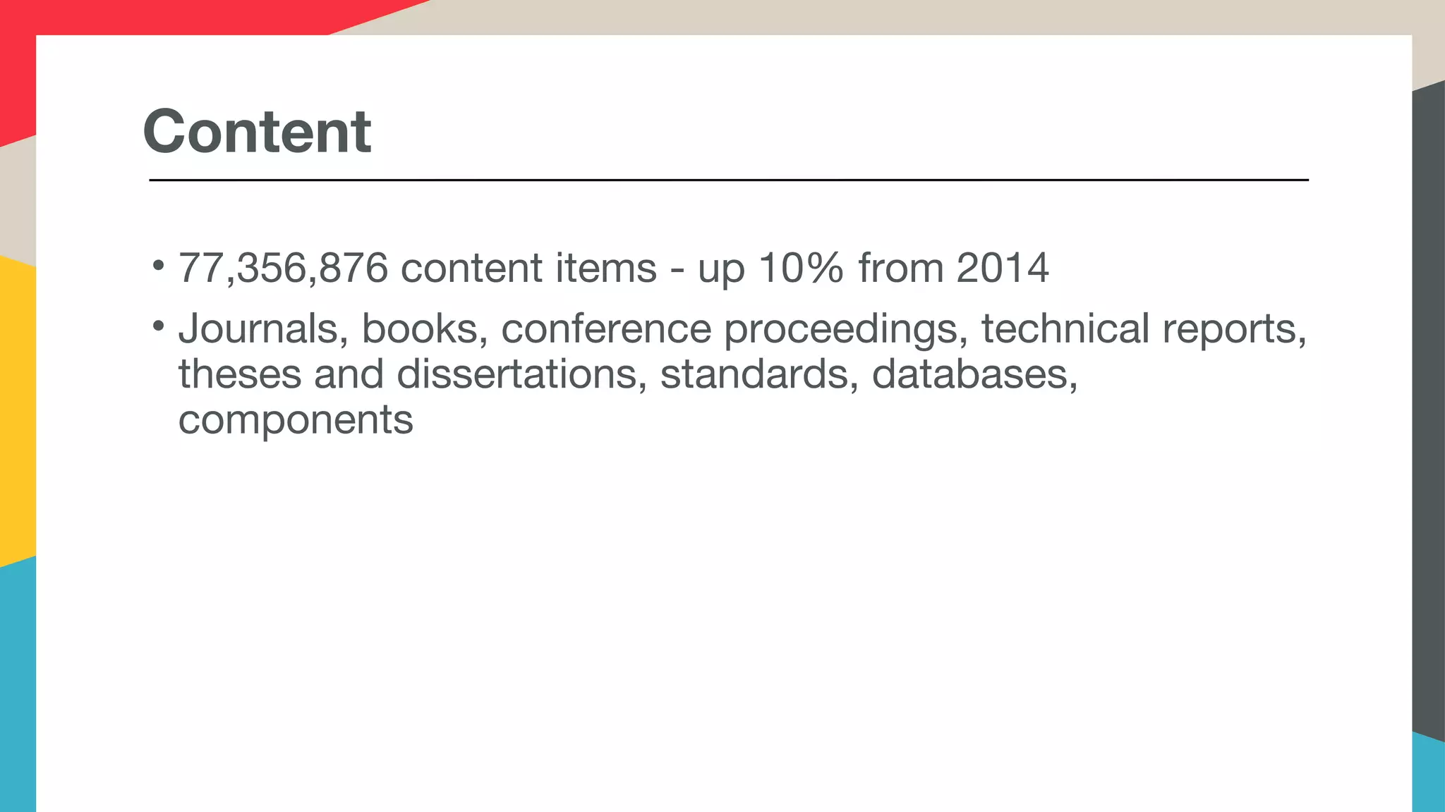 Content
• 77,356,876 content items - up 10% from 2014
• Journals, books, conference proceedings, technical reports,
theses and dissertations, standards, databases,
components
 