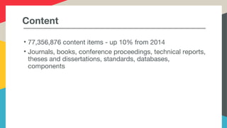 Content
• 77,356,876 content items - up 10% from 2014
• Journals, books, conference proceedings, technical reports,
theses and dissertations, standards, databases,
components
 