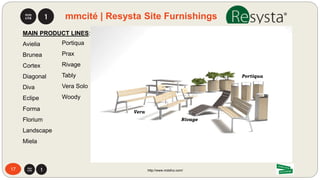 17 http://www.mdsfco.com/
Resysta | LEEDS Credit: MR-c4 (Materials Resources)
Intent: Increase demand for building products that incorporate recycled content as per ISO 14021-1999.
Requirements: Purchase materials composed of recycled content that constitute 10%-20% of the total material cost
associated with the site and/or building project.
• Post-consumer (i.e. consumer waste)+ ½ pre-consumer (i.e. manufacturing waste) based on cost.
• Recycled value of an assembly as determined by weight.
• Furnishings are optional but must be included consistently across categories MR-c3 (Materials
Reuse) through MR-c7 (Certified Wood).
• Steel is post-consumer content.
RECYCLED
CONTENT
POINTS
10% 1
20% 2
30% +1 E.P.
SYSTEM CREDIT POINTS
BD+C MR-c4 2
ID+C MR-4 2
GBOM MR-c2, MR-c3 3
Homes MR-c2 8
LEED Category Definitions:
LEED = Leadership in Energy and
Environmental Design
BD+C = Building Design & Construction
ID+C = Interior Design & Construction
GBOM = Green Buildings Operations &
Maintenance
E.P. = Environmental Protection Bonus
MR-c2 = Construction Waste Mgmt.
 