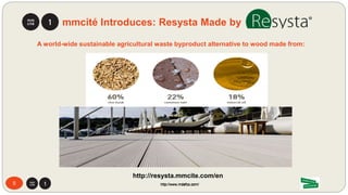 5
S ustainability:
Renewable wood alternatives are used like Jatoba & Resysta rather than endangered tropical
hardwoods for site furnishings.
Q uality:
Design-driven & award winning furnishings with attention to detail and
public space functionality.
S ervice:
Extensive warrantee and product support with global reach:
From pre to post-construction.
P roduct:
Wide ranges of contextual adaptability: private – public – rural - urban
P rice:
European design based on Korunas (Kč) not Euros (€): $1.00 = €1.13 Vs. $1.00 = Kč 23.210*
http://www.mdsfco.com/
Why mmcité | Resysta ?
*Rates based on 6/2016 markets
Rivage
 