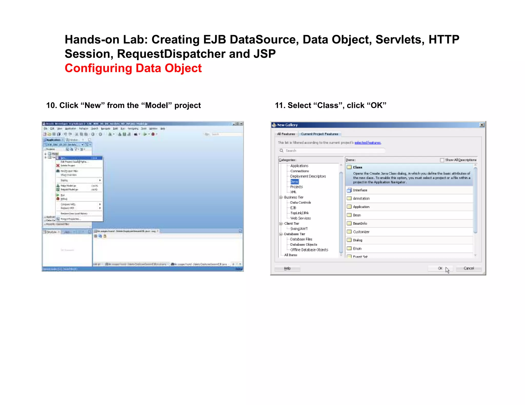 Hands-on Lab: Creating EJB DataSource, Data Object, Servlets, HTTP
Session, RequestDispatcher and JSP
Configuring Data Object
10. Click &ldquo;New&rdquo; from the &ldquo;Model&rdquo; project 11. Select &ldquo;Class&rdquo;, click &ldquo;OK&rdquo;
 