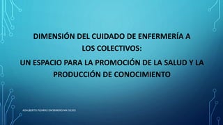 DIMENSIÓN DEL CUIDADO DE ENFERMERÍA A
LOS COLECTIVOS:
UN ESPACIO PARA LA PROMOCIÓN DE LA SALUD Y LA
PRODUCCIÓN DE CONOCIMIENTO
ADALBERTO PIZARRO ENFERMERO MN 50305
 