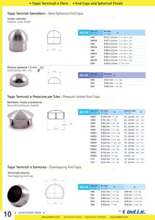 • Tappi Terminali e Sfere              • End Caps and Spherical Finials

Tappi Terminali Semisferici - Semi-Spherical End Caps
Vuoto, satinato
Hollow, satin ﬁnish


                                                                          Cod. art.      Per tubo
                                                               AISI 316   Art. no.       For tube
                                                                                                          A

                                                                           E464           Ø 33,7 x 2,0 mm - 1 1/3” dia. x 5/64”
                                                                           E464/26        Ø 33,7 x 2,6 mm - 1 1/3” dia. x 3/32”
                                                                           E465           Ø 42,4 x 2,0 mm - 1 2/3” dia. x 5/64”
                                                                           E465/26        Ø 42,4 x 2,6 mm - 1 2/3” dia. x 3/32”
                                    ØA
                                                                           E466           Ø 48,3 x 2,0 mm - 1 7/8” dia. x 5/64”
                                                                           E466/26        Ø 48,3 x 2,6 mm - 1 7/8” dia. x 3/32”
                                                                           E467           Ø 60,3 x 2,0 mm - 2 3/8” dia. x 5/64”
                                                                           E467/26        Ø 60,3 x 2,6 mm - 2 3/8” dia. x 3/32”
                                                                           E468           Ø 50,8 x 2,0 mm - 2” dia. x 5/64”
Grezze, spessore 1,5 mm
Unﬁnished, thk. 1/16”               ØA
                                                                          Cod. art.       Diametro
                                                               AISI 304   Art. no.        Diameter A
                                                                           E040           Ø 33,7 mm - 1 1/3” dia.
                                                                           E041           Ø 42,4 mm - 1 2/3” dia.
                                                                           E042           Ø 48,3 mm - 1 7/8” dia.




Tappi Terminali a Pressione per Tubo - Pressure Locked End Caps
Bombato. Vuoto a pressione
Rounded pressure, locked
                                                                          Cod. art.   Per tubo                      Spessore tubo
                                                               AISI 316   Art. no.    For tube
                                                                                                      A
                                                                                                                    Tube thk.
                                                                                                                                          B

                                                                           E4094      Ø 101,6 mm - 4” dia.          2,0 - 2,6 mm - 5/64” - 3/32”
                                                                           E4093      Ø 76,1 mm - 3” dia.           2,0 - 2,6 mm - 5/64” - 3/32”
                                                     B                     E4092      Ø 60,3 mm - 2 3/8” dia.       2,0 - 2,6 mm - 5/64” - 3/32”
                                                                           E4091      Ø 48,3 mm - 1 7/8” dia.       2,0 - 2,6 mm - 5/64” - 3/32”
                                     ØA
                                                                           E4090      Ø 42,4 mm - 1 2/3” dia.       2,0 - 2,6 mm - 5/64” - 3/32”
                                                                           E40957     Ø 40,0 mm - 1 9/16” dia.      1,5 - 3,0 mm - 1/16” - 1/8”
                                                                           E40956     Ø 33,7 mm - 1 1/3” dia.       1,6 - 2,6 mm - 1/16” - 3/32”
                                                                           E40955     Ø 30,0 mm - 1 3/16” dia.      1,5 - 3,0 mm - 1/16” - 1/8”
                                                                           E40954     Ø 26,9 mm - 1 7/128” dia.     1,6 - 3,0 mm - 1/16” - 1/8”
                                                                           E40953     Ø 21,3 mm - 27/32” dia.       1,6 - 2,6 mm - 1/16” - 3/32”
                                                                           E40952     Ø 20,0 mm - 25/32” dia.       1,0 - 2,0 mm - 3/64” - 5/64”
                                                                           E40951     Ø 16,0 mm - 5/8” dia.         1,0 - 2,0 mm - 3/64” - 5/64”
                                                                           E40950     Ø 12,0 mm - 1/2” dia.         1,0 mm - 3/64”
                                                                           E316       Ø 42,4 mm - 1 2/3” dia.       1,5 - 2,6 mm - 1/16” - 3/32”
                                                                           E315       Ø 33,7 mm - 1 1/3” dia.       1,5 - 2,6 mm - 1/16” - 3/32”

Tappi Terminali a Sormonto - Overlapping End Caps
 Terminale esterno
 Overlapping end cap
                                     ØB


                                                                          Cod. art.   Per tubo
                                                               AISI 316   Art. no.    For tube
                                                                                                      A                           B

                                                                           E460       Ø 33,7 mm - 1 1/3” dia.       Ø 48 mm - 1 7/8” dia.
                                                                           E461       Ø 42,4 mm - 1 2/3” dia.       Ø 55 mm - 2 1/8” dia.
                                                                           E462       Ø 48,3 mm - 1 7/8” dia.       Ø 64 mm - 2 33/64” dia.
                                                                           E463       Ø 60,3 mm - 2 3/8” dia.       Ø 78 mm - 3 1/16” dia.
                                     ØA
                                                                           E469       Ø 50,8 mm - 2” dia.           Ø 64 mm - 2 33/64” dia.


                                                                                                              by
10                        www.arteferro.com   Riproduzione Vietata   Reproduction Prohibited     www.arteferro.com
 
