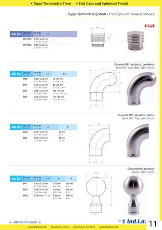 • Tappi Terminali e Sfere                                • End Caps and Spherical Finials

                                                                      Tappi Terminali Sagomati - End Caps with Various Shapes


                                                                                                        ØA
                                                                                                                                                   NEW
           Cod. art.    Per tubo
AISI 303   Art. no.     For tube
                                          A




                                                                                                                 25
           E0119410     Ø 33,7 x 2,0 mm
                        1 1/3” dia. x 5/64”
           E0119420     Ø 42,4 x 2,0 mm
                        1 2/3” dia. x 5/64”




                                                                                                                      Curvato 90°, satinato, bombato
                                                                                                             C
                                                                                                                       Bent 90°, rounded, satin ﬁnish
           Cod. art.    Per tubo
AISI 316   Art. no.     For tube
                                          A                   BxC

           E480         Ø 33,7 x 2,0 mm         70 x 57 mm
                        1 1/3” dia. x 5/64”     2 3/4” x 2 1/4”




                                                                                                                              B
           E481         Ø 42,4 x 2,0 mm         80 x 60 mm
                        1 2/3” dia. x 5/64”     3 1/8” x 2 23/64”
           E482         Ø 48,3 x 2,0 mm         100 x 75 mm
                        1 7/8” dia. x 5/64”     3 15/16” x 2 15/16”
           E483         Ø 60,3 x 2,0 mm         115 x 85 mm
                        2 3/8” dia. x 5/64”     4 1/2” x 3 11/32”

                                                                                                    ØA



                                                                                                                             Curvato 90°, satinato, piatto
                                                                                                                                Bent 90°, ﬂat, satin ﬁnish

                                                                                                         B
           Cod. art.    Per tubo
AISI 316   Art. no.     For tube
                                          A                           B

           E2021        Ø 33,7 x 2,0 mm                 55 mm
                        1 1/3” dia. x 5/64”             2 1/8”
           E452         Ø 42,4 x 2,0 mm                 55 mm
                        1 2/3” dia. x 5/64”             2 31/64”




                                                                                                   ØA


                                                                                                                                    Con pomolo satinato
                                                                                                    ØB                                 Knob, satin ﬁnish
           Cod. art.    Per tubo
AISI 316   Art. no.     For tube
                                          A            B                  H

           E457         Ø 42,4 x 2,0 mm        Ø 70 mm              103 mm
                        1 2/3” dia. x 5/64”    2 3/4” dia.          4 1/6”
           E4571        Ø 48,3 x 2,0 mm        Ø 80 mm              115 mm
                                                                                                                  H




                        1 7/8” dia. x 5/64”    3 5/32” dia.         4 1/2”
           E4572        Ø 50,8 mm - 2” dia. Ø 80 mm                 120 mm
                                            3 5/32” dia.            4 3/4”




                                                                                                    ØA


                                                                                                                             by

                  www.arteferro.com           Riproduzione Vietata            Reproduction Prohibited    www.arteferro.com
                                                                                                                                                     11
 