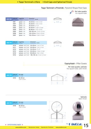• Tappi Terminali e Sfere                              • End Caps and Spherical Finials

                                                                         Tappi Terminali a Piramide - Pyramid Shape Post Caps
                                                                                                                                           Per tubo quadro
                                                                                                                                            For square tube


           Cod. art.    Superﬁcie            Dimensioni
AISI 304   Art. no.     Surface              Dimensions A x A
           E039         grezzo - raw         30 x 30 mm - 1 3/16” x 1 3/16”                         AxA
           E0391        grezzo - raw         40 x 40 mm - 1 9/16” x 1 9/16”
           E0392        grezzo - raw         50 x 50 mm - 2” x 2”
           E0393        grezzo - raw         60 x 60 mm - 2 23/64” x 2 23/64”
           E0394        grezzo - raw         80 x 80 mm - 3 5/32” x 3 5/32”
           E0395        grezzo - raw         100 x 100 mm - 3 15/16” x 3 15/16”
           E0396        grezzo - raw         120 x 120 mm - 4 23/32” x 4 23/32”
           E0397        grezzo - raw         150 x 150 mm - 5 29/32” x 5 29/32”




           Cod. art.    Superﬁcie                Dimensioni
AISI 316   Art. no.     Surface                  Dimensions A x A
           E4150        satinato - satin ﬁnish   30 x 30 mm - 1 3/16” x 1 3/16”                     AxA
           E4151        satinato - satin ﬁnish   40 x 40 mm - 1 9/16” x 1 9/16”
           E4152        satinato - satin ﬁnish   50 x 50 mm - 2” x 2”
           E4153        satinato - satin ﬁnish   60 x 60 mm - 2 23/64” x 2 23/64”
           E4154        satinato - satin ﬁnish   80 x 80 mm - 3 5/32” x 3 5/32”
           E4155        satinato - satin ﬁnish   100 x 100 mm - 3 15/16” x 3 15/16”




                                                                                                                      Copripilastri - Pillar Covers
                                                                                                                                  Per tubo quadro, satinato
                                                                                                                                For square tube, satin ﬁnish


           Cod. art.    Per tubo
AISI 316   Art. no.     For tube
                                                                                                                           56




           E4165        90 x 90 mm
                                                                                                                      33




                        3 9/16” x 3 9/16”

                                                                                                     91
                                                                                                     97




                                                                                                                                                   Satinato
                                                                                                                                                Satin ﬁnish

           Cod. art.    Per tubo
AISI 316   Art. no.     For tube
                                                                                                             0
           E4160        90 x 90 mm                                                                         Ø9

                        3 9/16” x 3 9/16”
                                                                                      143




                                                                                                                      53
                                                                                                                 33




                                                                                                   91x91
                                                                                                   97x97

                                                                                                                            by

                  www.arteferro.com         Riproduzione Vietata         Reproduction Prohibited   www.arteferro.com
                                                                                                                                                       15
 