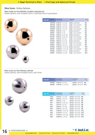 • Tappi Terminali e Sfere              • End Caps and Spherical Finials

Sfere Vuote - Hollow Spheres
Sfere vuote con foro ﬁlettato, lucidate o placcate oro
Hollow spheres, with threaded inserts, in polished silver or gold plated


                                                                       Cod. art.   Dimensioni                 Superﬁcie                            Filetto
                                                       AISI 304        Art. no.    Dimensions                 Surface                              Thread
                                                                       E0701/GO    Ø 30 mm - 1 3/16” dia.     dorato - gold plated                 M6
                                                                       E0701/HP    Ø 30 mm - 1 3/16” dia.     lucido - mirror polished             M6
                                                                       E0702/GO    Ø 40 mm - 1 9/16” dia.     dorato - gold plated                 M6
                                                                       E0702/HP    Ø 40 mm - 1 9/16” dia.     lucido - mirror polished             M6
                                                                       E070/GO     Ø 50 mm - 2” dia.          dorato - gold plated                 M6
                                                                       E070/HP     Ø 50 mm - 2” dia.          lucido - mirror polished             M6
                                                                       E071/GO     Ø 60 mm - 2 23/64” dia.    dorato - gold plated                 M8
                                                                       E071/HP     Ø 60 mm - 2 23/64” dia.    lucido - mirror polished             M8
                                                                       E072/HP     Ø 70 mm - 2 3/4” dia.      lucido - mirror polished             M8
                                                                       E073/GO     Ø 80 mm - 3 5/32” dia.     dorato - gold plated                 M8
                                                                       E073/HP     Ø 80 mm - 3 5/32” dia.     lucido - mirror polished             M8
                                                                       E074/HP     Ø 90 mm - 3 9/16” dia.     lucido - mirror polished             M8
                                                                       E075/GO     Ø 100 mm - 3 15/16” dia. dorato - gold plated                   M10
                                                                       E075/HP     Ø 100 mm - 3 15/16” dia. lucido - mirror polished               M10
                                                                       E076/GO     Ø 120 mm - 4 3/4” dia.     dorato - gold plated                 M10
                                                                       E076/HP     Ø 120 mm - 4 3/4” dia.     lucido - mirror polished             M10




Sfere vuote con foro ﬁlettato, satinate
Hollow spheres, with threaded inserts, satin ﬁnish


                                                                       Cod. art.   Dimensioni                       Superﬁcie                 Filetto
                                                       AISI 304        Art. no.    Dimensions                       Surface                   Thread
                                                                       E072304     Ø 70 mm - 2 3/4” dia.            satinato - satin ﬁnish M8
                                                                       E075304     Ø 100 mm - 3 15/16” dia.         satinato - satin ﬁnish M10




                                                                       Cod. art.   Dimensioni                  Superﬁcie                 Filetto
                                                       AISI 316        Art. no.    Dimensions                  Surface                   Thread
                                                                       E0701       Ø 30 mm - 1 3/16” dia.      satinato - satin ﬁnish M6
                                                                       E0702       Ø 40 mm - 1 9/16” dia.      satinato - satin ﬁnish M6
                                                                       E070        Ø 50 mm - 2” dia.           satinato - satin ﬁnish M6
                                                                       E071        Ø 60 mm - 2 23/64” dia.     satinato - satin ﬁnish M8
                                                                       E072        Ø 70 mm - 2 3/4” dia.       satinato - satin ﬁnish M8
                                                                       E073        Ø 80 mm - 3 5/32” dia.      satinato - satin ﬁnish M8
                                                                       E074        Ø 90 mm - 3 9/16” dia.      satinato - satin ﬁnish M8
                                                                       E075        Ø 100 mm - 3 15/16” dia. satinato - satin ﬁnish M10
                                                                       E076        Ø 120 mm - 4 3/4” dia.      satinato - satin ﬁnish M10
                                                                       E077        Ø 150 mm - 5 29/32” dia. satinato - satin ﬁnish M10
                                                                       E078        Ø 200 mm - 7 7/8” dia.      satinato - satin ﬁnish M10




                                                                                                                    by
16                          www.arteferro.com   Riproduzione Vietata       Reproduction Prohibited          www.arteferro.com
 