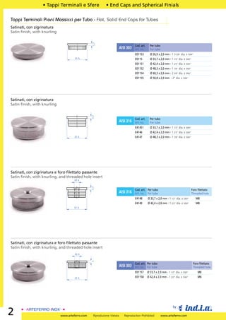 • Tappi Terminali e Sfere                • End Caps and Spherical Finials

Tappi Terminali Piani Massicci per Tubo - Flat, Solid End Caps for Tubes
Satinati, con zigrinatura
Satin ﬁnish, with knurling




                                                 1,5
                                                                                 Cod. art.     Per tubo
                                                                     AISI 303    Art. no.      For tube
                                                                                 E01153        Ø 26,9 x 2,0 mm - 1 7/128” dia. x 5/64”
                                      ØA                                         E0115         Ø 33,7 x 2,0 mm - 1 1/3” dia. x 5/64”
                                                                                 E01151        Ø 42,4 x 2,0 mm - 1 2/3” dia. x 5/64”
                                                                                 E01152        Ø 48,3 x 2,0 mm - 1 7/8” dia. x 5/64”
                                                                                 E01154        Ø 60,3 x 2,0 mm - 2 3/8” dia. x 5/64”
                                                                                 E01155        Ø 50,8 x 2,0 mm - 2” dia. x 5/64”




Satinati, con zigrinatura
Satin ﬁnish, with knurling
                                                 3,5




                                                                                 Cod. art.     Per tubo
                                                                     AISI 316    Art. no.      For tube
                                                                                 E41451        Ø 33,7 x 2,0 mm - 1 1/3” dia. x 5/64”
                                                                                 E4146         Ø 42,4 x 2,0 mm - 1 2/3” dia. x 5/64”
                                      ØA                                         E4147         Ø 48,3 x 2,0 mm - 1 7/8” dia. x 5/64”




Satinati, con zigrinatura e foro ﬁlettato passante
Satin ﬁnish, with knurling, and threaded hole insert
                                     M8
                                                 3,5




                                                                                 Cod. art. Per tubo                                    Foro ﬁlettato
                                                                     AISI 316    Art. no. For tube                                     Threaded hole
                                                                                 E4148       Ø 33,7 x 2,0 mm - 1 1/3” dia. x 5/64”        M8
                                                                                 E4149       Ø 42,4 x 2,0 mm - 1 2/3” dia. x 5/64”        M8
                                     ØA




Satinati, con zigrinatura e foro ﬁlettato passante
Satin ﬁnish, with knurling, and threaded hole insert
                                      M8
                                                 3




                                                                                 Cod. art. Per tubo                                     Foro ﬁlettato
                                                                     AISI 303    Art. no. For tube                                      Threaded hole
                                                                                 E01157      Ø 33,7 x 2,0 mm - 1 1/3” dia. x 5/64”         M8
                                      ØA                                         E01158      Ø 42,4 x 2,0 mm - 1 2/3” dia. x 5/64”         M8




                                                                                                                    by
2                            www.arteferro.com    Riproduzione Vietata   Reproduction Prohibited          www.arteferro.com
 