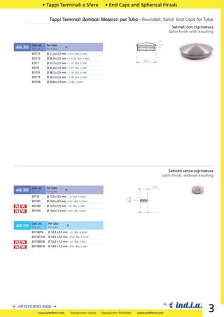 • Tappi Terminali e Sfere                       • End Caps and Spherical Finials

                          Tappi Terminali Bombati Massicci per Tubo - Rounded, Solid End Caps for Tube
                                                                                                                          Satinati con zigrinatura
                                                                                                                        Satin ﬁnish with knurling




                                                                                                              6
           Cod. art.    Per tubo
AISI 303   Art. no.     For tube
                                         A

           E01171       Ø 21,3 x 2,0 mm - 27/32” dia. x 5/64”
           E01172       Ø 26,9 x 2,0 mm - 1 7/128” dia. x 5/64”
                                                                                                   ØA
           E0117        Ø 33,7 x 2,0 mm - 1 1/3” dia. x 5/64”
           E0119        Ø 42,4 x 2,0 mm - 1 2/3” dia. x 5/64”
           E01191       Ø 48,3 x 2,0 mm - 1 7/8” dia. x 5/64”
           E01173       Ø 60,3 x 2,0 mm - 2 3/8” dia. x 5/64”
           E01190       Ø 50,8 x 2,0 mm - 2 dia. x 5/64”




                                                                                                                  Satinati senza zigrinatura
                                                                                                              Satin ﬁnish, without knurling


           Cod. art.    Per tubo                                                                         ØA
AISI 303   Art. no.     For tube
                                         A

           E0118        Ø 12,0 x 0,5 mm - 1/2” dia. x 5/256”
                                                                                        2.5




           E01181       Ø 14,0 x 0,5 mm - 9/16” dia. x 5/256”
NEW        E01182       Ø 12,0 x 1,5 mm - 1/2” dia. x 5/64”
NEW        E01183       Ø 14,0 x 1,5 mm - 9/16” dia. x 5/64”



           Cod. art.     Per tubo
AISI 316   Art. no.      For tube
                                          A

           E0118316      Ø 12,0 x 0,5 mm - 1/2” dia. x 5/256”
           E01181316     Ø 14,0 x 0,5 mm - 9/16” dia. x 5/256”
NEW        E01182316     Ø 12,0 x 1,5 mm - 1/2” dia. x 5/64”

NEW        E01183316     Ø 14,0 x 1,5 mm - 9/16” dia. x 5/64”




                                                                                                                   by

                www.arteferro.com             Riproduzione Vietata   Reproduction Prohibited   www.arteferro.com
                                                                                                                                               3
 