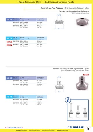 • Tappi Terminali e Sfere                            • End Caps and Spherical Finials

                                                                      Terminali con Foro Passante - End Caps with Passing Holes
                                                                                                       Satinato con foro passante e zigrinatura
                                                                                                                        With hole and knurling
                                                                                                    Ø 12.2


           Cod. art.     Per tubo                            Foro passante
AISI 303   Art. no.      For tube
                                           A
                                                             Through hole
           E01195/122 Ø 33,7 x 2,0 mm                        Ø 12,2 mm
                      1 1/3” dia. x 5/64”                    31/64” dia.
           E01196/122 Ø 42,4 x 2,0 mm                        Ø 12,2 mm
                      1 2/3” dia. x 5/64”                    31/64” dia.
                                                                                                      ØA




           Cod. art.     Per tubo                            Foro passante
AISI 316   Art. no.      For tube
                                           A
                                                             Through hole
           E02195/122 Ø 33,7 x 2,0 mm                        Ø 12,2 mm
NEW                   1 1/3” dia. x 5/64”                    31/64” dia.
           E02196/122 Ø 42,4 x 2,0 mm                        Ø 12,2 mm
NEW                   1 2/3” dia. x 5/64”                    31/64” dia.




                                                                                              Satinato con foro passante, zigrinatura e 2 grani
                                                                                                        With holes knurling and 2 screw holes

                                                                                                                                        NEW
           Cod. art.     Per tubo                           Foro passante                            Ø 19
AISI 303   Art. no.      For tube
                                           A
                                                            Through hole
           E01195100     Ø 33,7 x 2,0 mm                     Ø 12,2 mm
                         1 1/3” dia. x 5/64”                 31/64” dia.
           E01196100     Ø 42,4 x 2,0 mm                     Ø 12,2 mm
                         1 2/3” dia. x 5/64”                 31/64” dia.




                                                                                                      ØA


           Cod. art.     Per tubo                           Foro passante
AISI 316   Art. no.      For tube
                                           A
                                                            Through hole
           E02195100 Ø 33,7 x 2,0 mm                        Ø 12,2 mm
                     1 1/3” dia. x 5/64”                    31/64” dia.
           E02196100 Ø 42,4 x 2,0 mm                        Ø 12,2 mm
                     1 2/3” dia. x 5/64”                    31/64” dia.




                                                                                                                        by

                www.arteferro.com              Riproduzione Vietata       Reproduction Prohibited   www.arteferro.com
                                                                                                                                            5
 