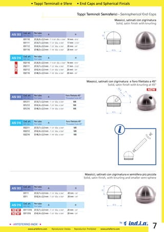 • Tappi Terminali e Sfere                              • End Caps and Spherical Finials

                                                                              Tappi Terminali Semisferici - Semispherical End Caps
                                                                                                               Massicci, satinati con zigrinatura
                                                                                                                Solid, satin ﬁnish with knurling


           Cod. art.    Per tubo
AISI 303                                 A                                H




                                                                                                    H
           Art. no.     For tube
           E01110       Ø 26,9 x 2,0 mm - 1 7/128” dia. x 5/64” 14 mm - 9/16”
           E01111       Ø 33,7 x 2,0 mm - 1 1/3” dia. x 5/64”    17 mm - 21/32”
           E01112       Ø 42,4 x 2,0 mm - 1 2/3” dia. x 5/64”    20 mm - 3/4”
           E01116       Ø 48,3 x 2,0 mm - 1 7/8” dia. x 5/64”    20 mm - 3/4”                                ØA

           Cod. art.    Per tubo
AISI 316   Art. no.     For tube
                                         A                                H

           E02110       Ø 26,9 x 2,0 mm - 1 7/128” dia. x 5/64” 14 mm - 9/16”
  NEW




           E02111       Ø 33,7 x 2,0 mm - 1 1/3” dia. x 5/64”    17 mm - 21/32”
           E02112       Ø 42,4 x 2,0 mm - 1 2/3” dia. x 5/64”    20 mm - 3/4”
           E02116       Ø 48,3 x 2,0 mm - 1 7/8” dia. x 5/64”    20 mm - 3/4”


                                                                                      Massicci, satinati con zigrinatura e foro ﬁlettato a 45°
                                                                                                        Solid, satin ﬁnish with knurling at 45°
                                                                                                                                          NEW




                                                                                                                  M
                                                                                                                   8
           Cod. art.    Per tubo                                Foro ﬁlettato 45°




                                                                                                                            45°
AISI 303   Art. no.     For tube
                                         A
                                                                Threaded hole 45°
           E01211       Ø 33,7 x 2,0 mm - 1 1/3” dia. x 5/64”           M8
           E01212       Ø 42,4 x 2,0 mm - 1 2/3” dia. x 5/64”           M8
           E01216       Ø 48,3 x 2,0 mm - 1 7/8” dia. x 5/64”           M8
                                                                                                             ØA



           Cod. art.    Per tubo                                Foro ﬁlettato 45°
AISI 316   Art. no.     For tube
                                         A
                                                                Threaded hole 45°
           E02211       Ø 33,7 x 2,0 mm - 1 1/3” dia. x 5/64”           M8
           E02212       Ø 42,4 x 2,0 mm - 1 2/3” dia. x 5/64”           M8
           E02216       Ø 48,3 x 2,0 mm - 1 7/8” dia. x 5/64”           M8




                                                                                     Massicci, satinati con zigrinatura e semisfera più piccola
                                                                                    Solid, satin ﬁnish, with knurling and smaller semi-sphere


           Cod. art.    Per tubo
AISI 303   Art. no.     For tube
                                         A                                H
                                                                                                   H




           E0111        Ø 33,7 x 2,0 mm - 1 1/3” dia. x 5/64”     20 mm - 3/4”
           E011         Ø 42,4 x 2,0 mm - 1 2/3” dia. x 5/64”     20 mm - 3/4”


           Cod. art.    Per tubo                                                                             ØA
AISI 316   Art. no.     For tube
                                         A                                H

NEW        E0111316     Ø 33,7 x 2,0 mm - 1 1/3” dia. x 5/64”    20 mm - 3/4”
NEW        E011316      Ø 42,4 x 2,0 mm - 1 2/3” dia. x 5/64”    20 mm - 3/4”



                                                                                                                       by

                  www.arteferro.com          Riproduzione Vietata        Reproduction Prohibited   www.arteferro.com
                                                                                                                                              7
 