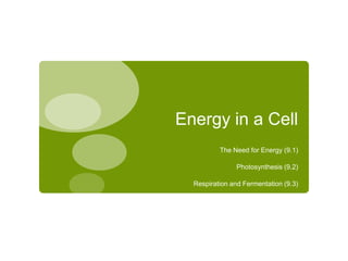 Energy in a Cell
The Need for Energy (9.1)
Photosynthesis (9.2)
Respiration and Fermentation (9.3)

 