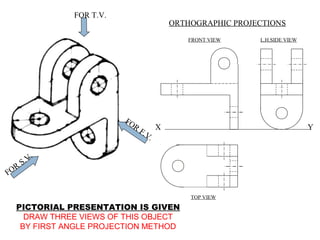 FOR T.V.
FOR
S.V.
FOR
F.V.
PICTORIAL PRESENTATION IS GIVEN
DRAW THREE VIEWS OF THIS OBJECT
BY FIRST ANGLE PROJECTION METHOD
ORTHOGRAPHIC PROJECTIONS
FRONT VIEW
TOP VIEW
L.H.SIDE VIEW
X Y
 