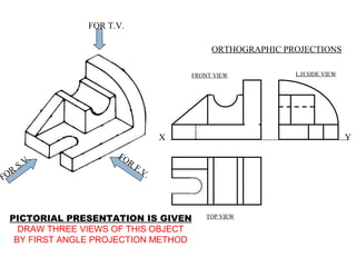 FOR T.V.
FOR
S.V. FOR
F.V.
PICTORIAL PRESENTATION IS GIVEN
DRAW THREE VIEWS OF THIS OBJECT
BY FIRST ANGLE PROJECTION METHOD
ORTHOGRAPHIC PROJECTIONS
FRONT VIEW
TOP VIEW
L.H.SIDE VIEW
X Y
 