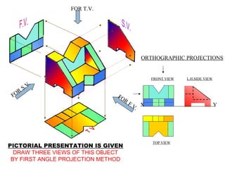 FOR T.V.
FOR
F.V.
FOR
S.V.
ORTHOGRAPHIC PROJECTIONS
FRONT VIEW
TOP VIEW
L.H.SIDE VIEW
X Y
PICTORIAL PRESENTATION IS GIVEN
DRAW THREE VIEWS OF THIS OBJECT
BY FIRST ANGLE PROJECTION METHOD
 
