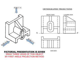 FOR T.V.
FOR
F.V.
FOR
S.V.
PICTORIAL PRESENTATION IS GIVEN
DRAW THREE VIEWS OF THIS OBJECT
BY FIRST ANGLE PROJECTION METHOD
ORTHOGRAPHIC PROJECTIONS
FRONT VIEW
TOP VIEW
L.H.SIDE VIEW
X Y
 