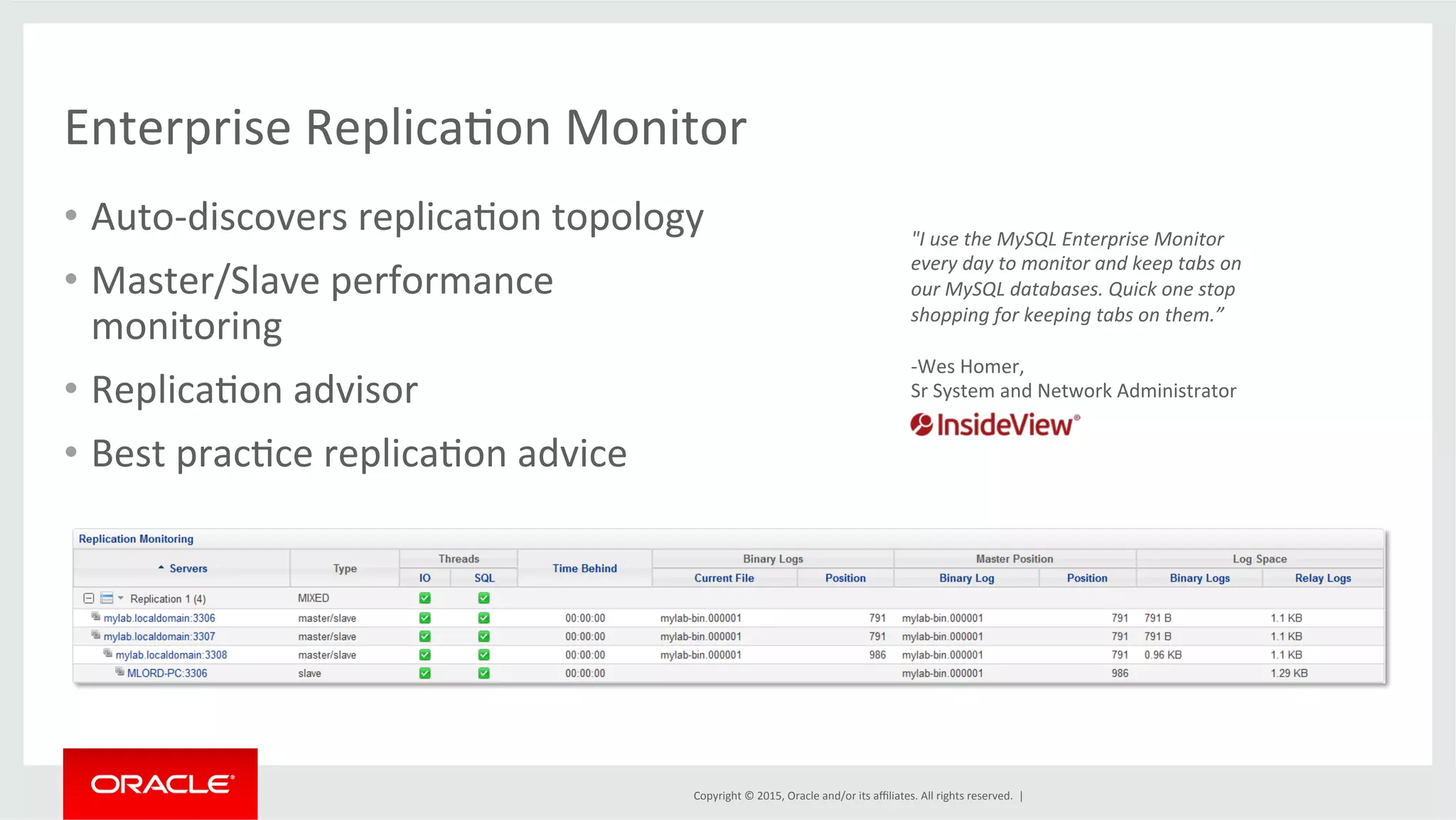 Copyright	
  ©	
  2015,	
  Oracle	
  and/or	
  its	
  aﬃliates.	
  All	
  rights	
  reserved.	
  	
  |	
  
Enterprise	
  ReplicaDon	
  Monitor	
  
•  Auto-­‐discovers	
  replicaDon	
  topology	
  
•  Master/Slave	
  performance	
  
monitoring	
  
•  ReplicaDon	
  advisor	
  	
  
•  Best	
  pracDce	
  replicaDon	
  advice	
  
"I	
  use	
  the	
  MySQL	
  Enterprise	
  Monitor	
  
every	
  day	
  to	
  monitor	
  and	
  keep	
  tabs	
  on	
  
our	
  MySQL	
  databases.	
  Quick	
  one	
  stop	
  
shopping	
  for	
  keeping	
  tabs	
  on	
  them.”	
  
	
  
-­‐ Wes	
  Homer,	
  	
  
Sr	
  System	
  and	
  Network	
  Administrator	
  	
  
 