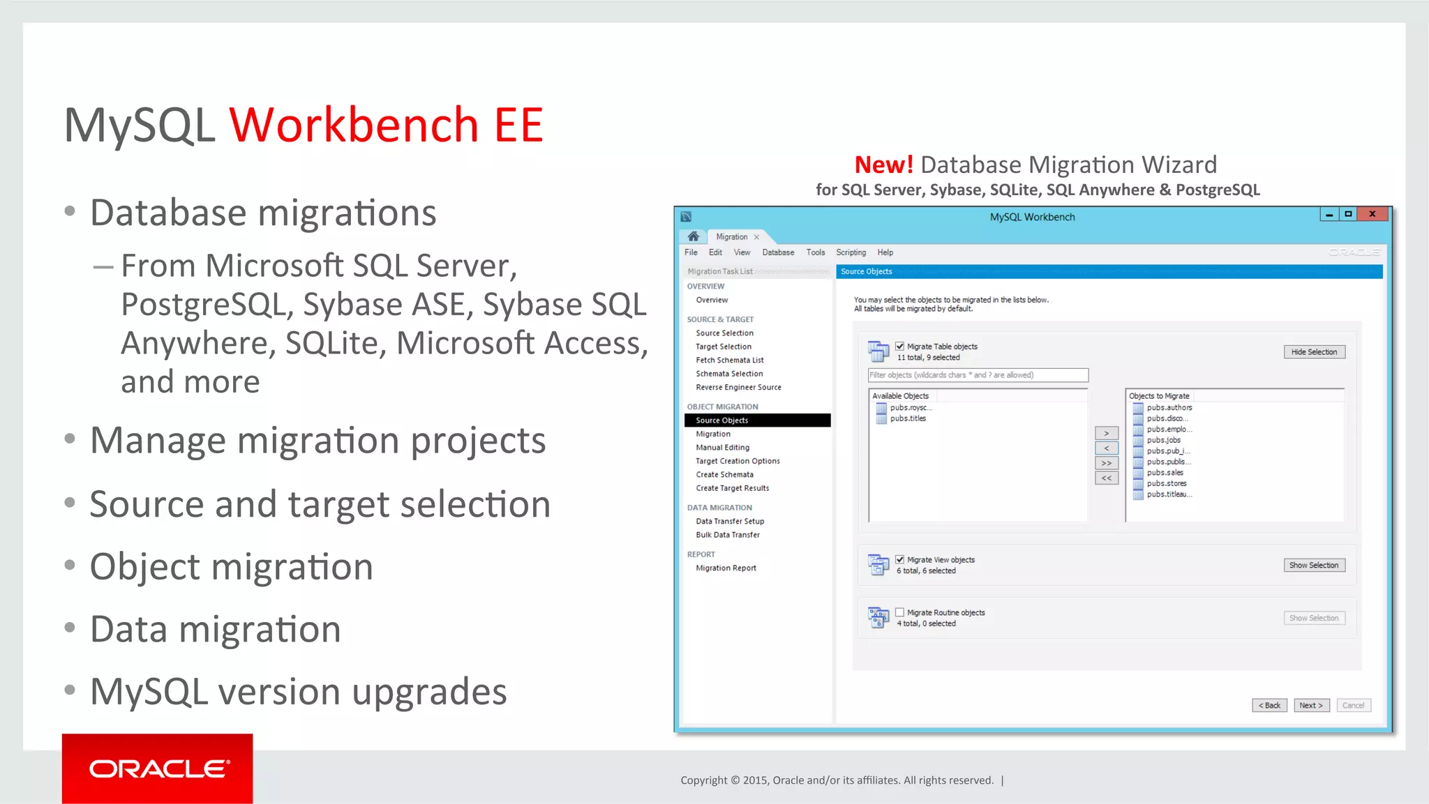 Copyright	
  ©	
  2015,	
  Oracle	
  and/or	
  its	
  aﬃliates.	
  All	
  rights	
  reserved.	
  	
  |	
  
MySQL	
  Workbench	
  EE	
  
•  Database	
  migraDons	
  
– From	
  Microsok	
  SQL	
  Server,	
  
PostgreSQL,	
  Sybase	
  ASE,	
  Sybase	
  SQL	
  
Anywhere,	
  SQLite,	
  Microsok	
  Access,	
  
and	
  more	
  	
  
•  Manage	
  migraDon	
  projects	
  
•  Source	
  and	
  target	
  selecDon	
  
•  Object	
  migraDon	
  
•  Data	
  migraDon	
  
•  MySQL	
  version	
  upgrades	
  
New!	
  Database	
  MigraDon	
  Wizard	
  
	
  for	
  SQL	
  Server,	
  Sybase,	
  SQLite,	
  SQL	
  Anywhere	
  &	
  PostgreSQL	
  
 