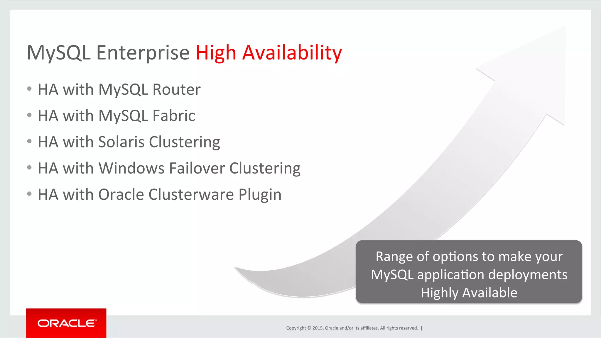 Copyright	
  ©	
  2015,	
  Oracle	
  and/or	
  its	
  aﬃliates.	
  All	
  rights	
  reserved.	
  	
  |	
  
MySQL	
  Enterprise	
  High	
  Availability	
  
•  HA	
  with	
  MySQL	
  Router	
  
•  HA	
  with	
  MySQL	
  Fabric	
  	
  
•  HA	
  with	
  Solaris	
  Clustering	
  
•  HA	
  with	
  Windows	
  Failover	
  Clustering	
  
•  HA	
  with	
  Oracle	
  Clusterware	
  Plugin	
  
	
  
Range	
  of	
  opDons	
  to	
  make	
  your	
  
MySQL	
  applicaDon	
  deployments	
  
Highly	
  Available	
  
 