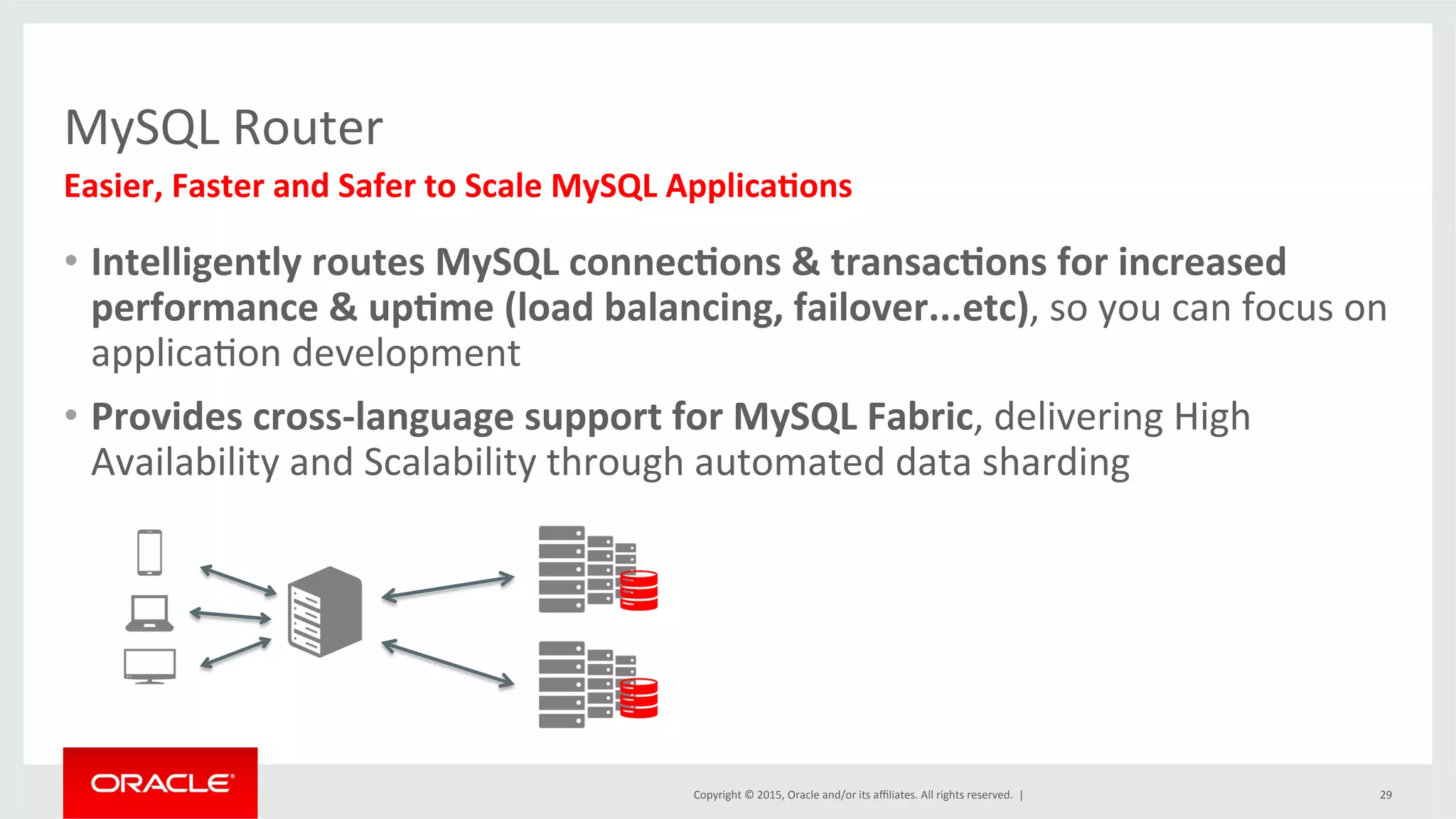 Copyright	
  ©	
  2015,	
  Oracle	
  and/or	
  its	
  aﬃliates.	
  All	
  rights	
  reserved.	
  	
  |	
  
MySQL	
  Router	
  
•  Intelligently	
  routes	
  MySQL	
  connec.ons	
  &	
  transac.ons	
  for	
  increased	
  
performance	
  &	
  up.me	
  (load	
  balancing,	
  failover...etc),	
  so	
  you	
  can	
  focus	
  on	
  
applicaDon	
  development	
  
•  Provides	
  cross-­‐language	
  support	
  for	
  MySQL	
  Fabric,	
  delivering	
  High	
  
Availability	
  and	
  Scalability	
  through	
  automated	
  data	
  sharding	
  
29	
  
Easier,	
  Faster	
  and	
  Safer	
  to	
  Scale	
  MySQL	
  Applica.ons	
  
 