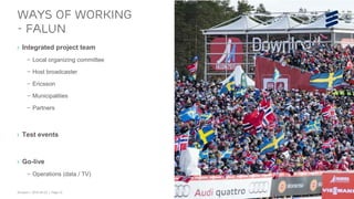 Ericsson | 2015-04-23 | Page 14
› Integrated project team
– Local organizing committee
– Host broadcaster
– Ericsson
– Municipalities
– Partners
› Test events
› Go-live
– Operations (data / TV)
Ways of working
- Falun
To be developed
 