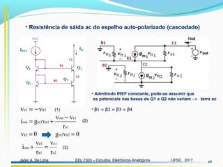 EEL 7303 – Circuitos Eletrônicos AnalógicosJader A. De Lima UFSC, 2017 69
• Resistência de sáida ac do espelho auto-polarizado (cascodado)
• Admitindo IREF constante, pode-se assumir que
os potenciais nas bases de Q1 e Q2 não variam −> terra ac
• β1 = β2 = β3 = β4
o1
e1out
π1m1out
r
vv
vgi
−
+=
π1e1 vv −=
(2)
(1)
0vπ2 = 0vg π2m2 =
o2
e1
π1
π1
out
r
v
r
v
i =+ (3)
 