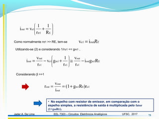 EEL 7303 – Circuitos Eletrônicos AnalógicosJader A. De Lima UFSC, 2017 75
Como normalmente rπ1 >> RE, tem-se










+=
E1
e1out
R
1
r
1
vi
π
ERoute1 iv =
Em1out
o1
out
o1
m1e1
o1
out
out Rgi
r
v
r
1
gv
r
v
i −≅+−=










Utilizando-se (2) e considerando 1/ro1 << gm1 ,
Considerando β >>1
o1Em1
out
out
out )rRg(1
i
v
r +==
• No espelho com resistor de emissor, em comparação com o
espelho simples, a resistência de saída é multiplicada pelo fator
(1+gmRE).
 