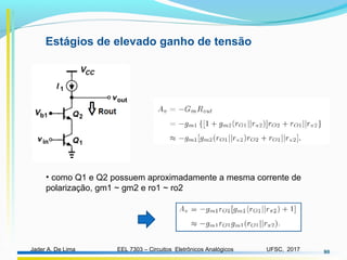 EEL 7303 – Circuitos Eletrônicos AnalógicosJader A. De Lima UFSC, 2017 80
• como Q1 e Q2 possuem aproximadamente a mesma corrente de
polarização, gm1 ~ gm2 e ro1 ~ ro2
Estágios de elevado ganho de tensão
 