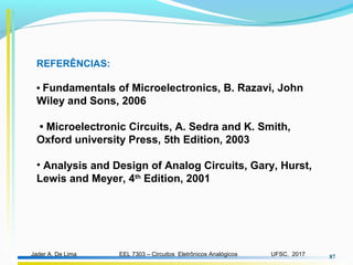 EEL 7303 – Circuitos Eletrônicos AnalógicosJader A. De Lima UFSC, 2017 87
REFERÊNCIAS:
• Fundamentals of Microelectronics, B. Razavi, John
Wiley and Sons, 2006
• Microelectronic Circuits, A. Sedra and K. Smith,
Oxford university Press, 5th Edition, 2003
• Analysis and Design of Analog Circuits, Gary, Hurst,
Lewis and Meyer, 4th
Edition, 2001
 